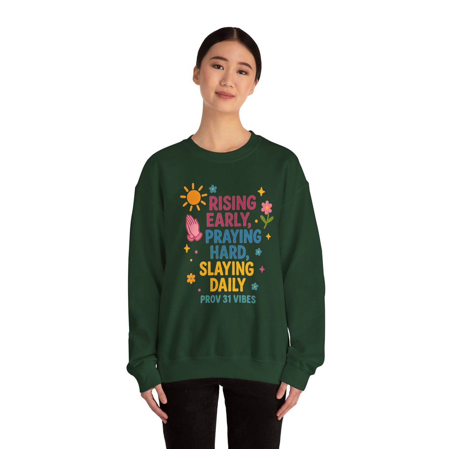 Risen & Slayin' Sweatshirt - Cozy Spiritual Gift for Her, Motivational Crewneck, Daily Inspiration Apparel, Church Outfit, Cute Casual Wear