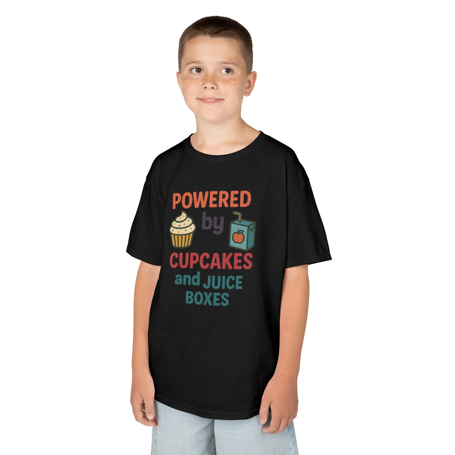 Powered by Cupcakes Kids Tee, Funny Kids T-Shirt, Cute Gift for Birthdays, Playdate Outfit, Cupcake Lover Apparel
