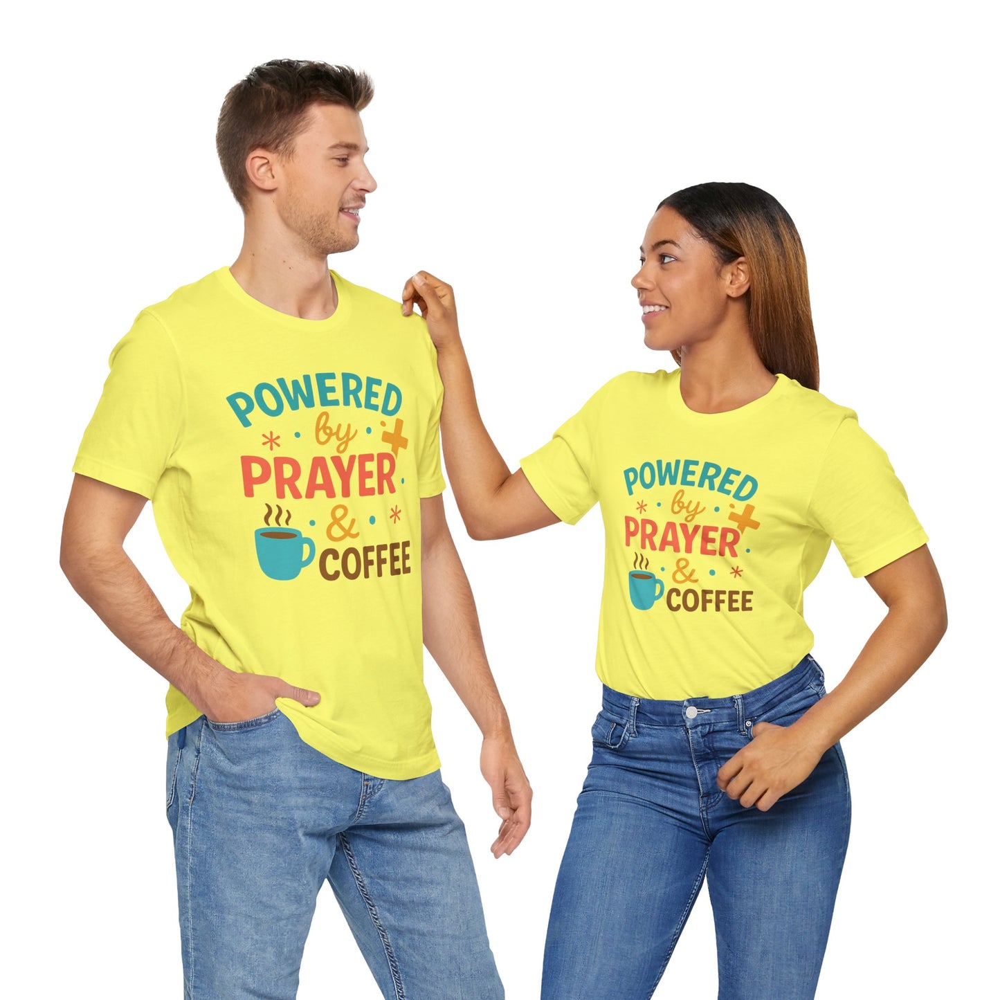 Powered by Prayer & Coffee Unisex Tee, Inspirational T-Shirt, Gift for Coffee Lovers, Christian Apparel, Relaxed Fit Top