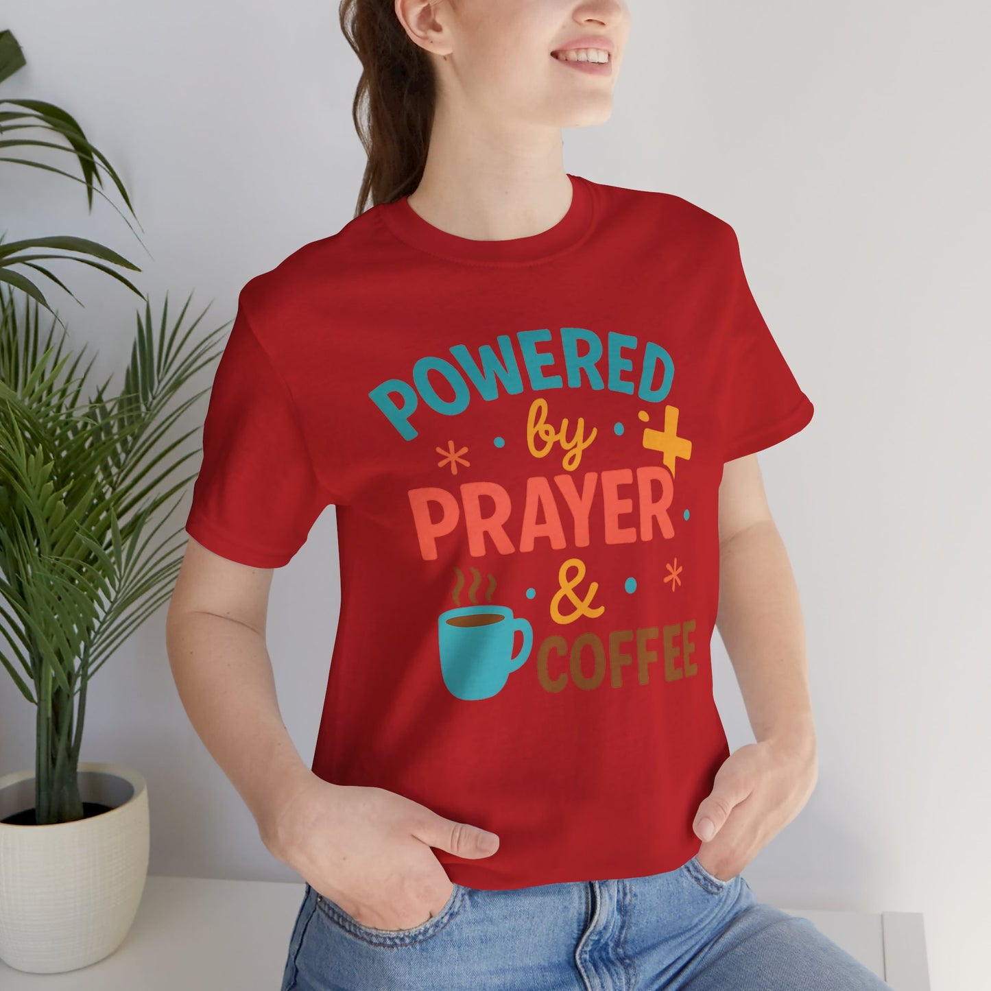 Powered by Prayer & Coffee Unisex Tee, Inspirational T-Shirt, Gift for Coffee Lovers, Christian Apparel, Relaxed Fit Top