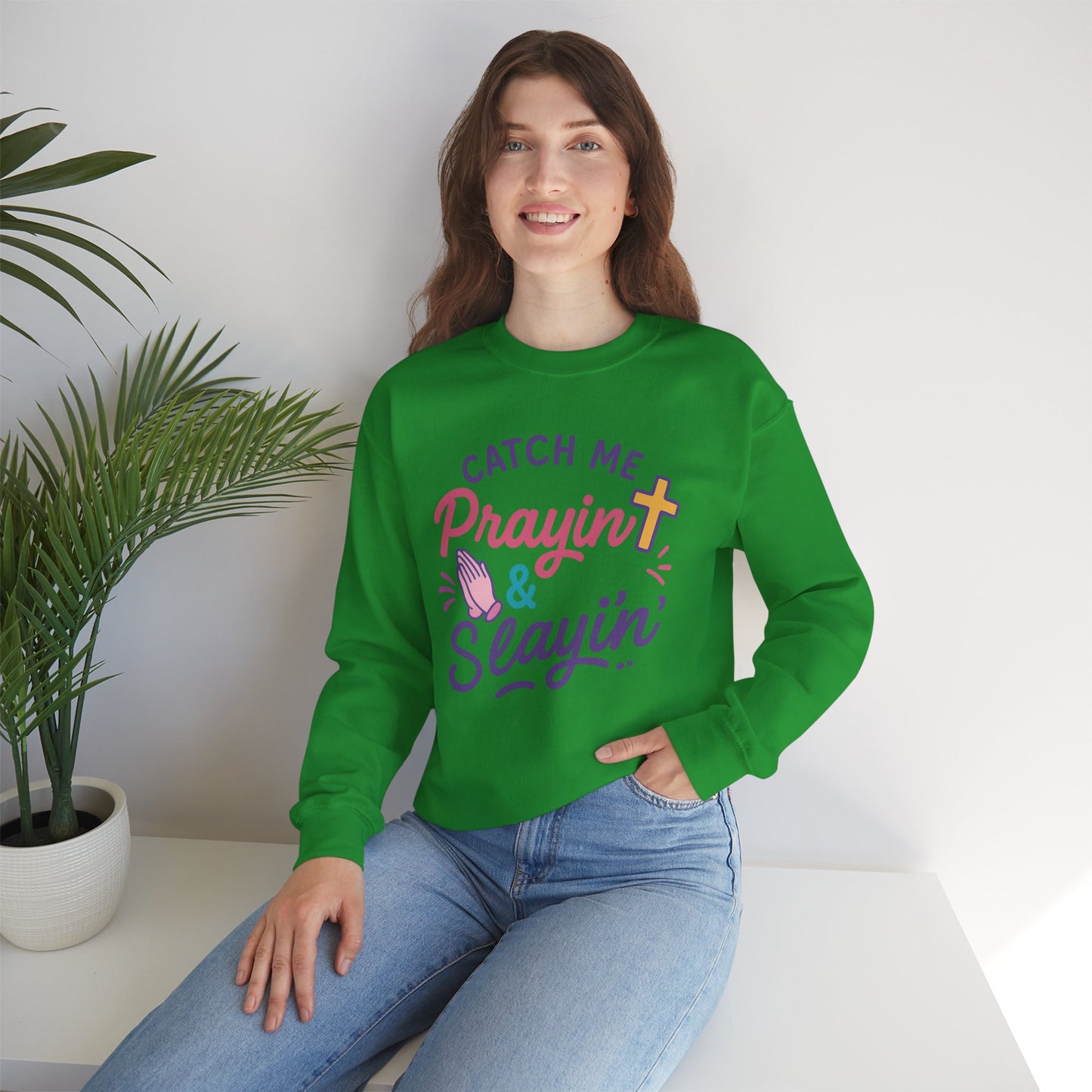 Catch Me Pray'in & Slay'in Unisex Crewneck Sweatshirt, Faith-Inspired Apparel, God Quote Gift, Cute Christian Sweater, Cozy Church Outfit