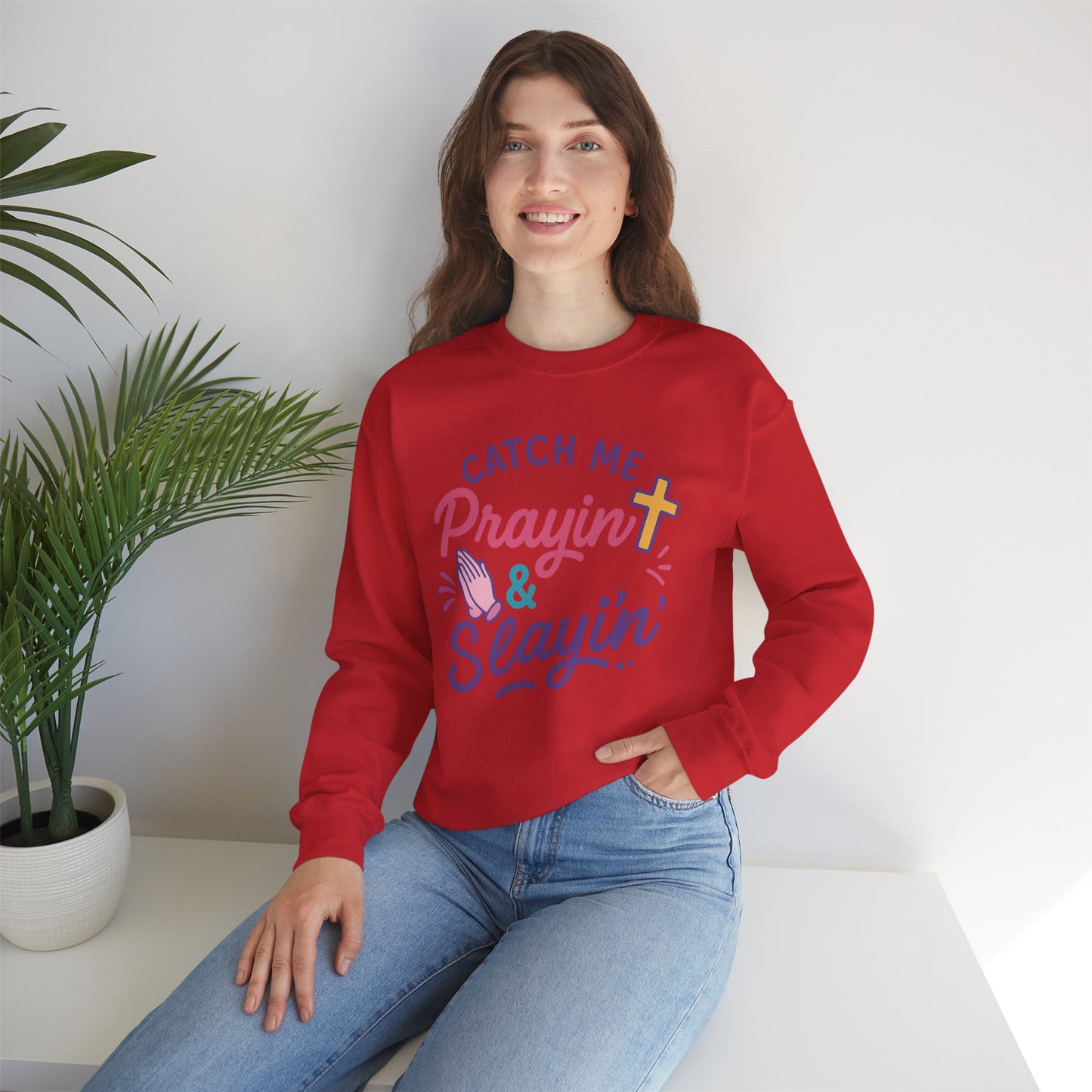 Catch Me Pray'in & Slay'in Unisex Crewneck Sweatshirt, Faith-Inspired Apparel, God Quote Gift, Cute Christian Sweater, Cozy Church Outfit