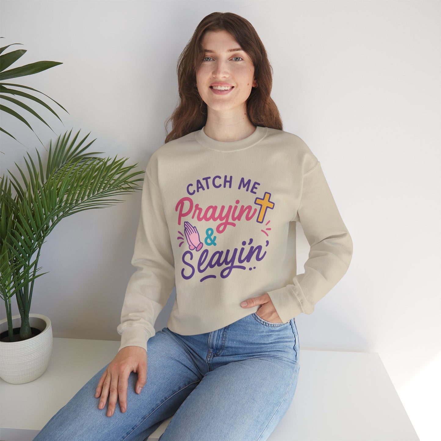 Catch Me Pray'in & Slay'in Unisex Crewneck Sweatshirt, Faith-Inspired Apparel, God Quote Gift, Cute Christian Sweater, Cozy Church Outfit