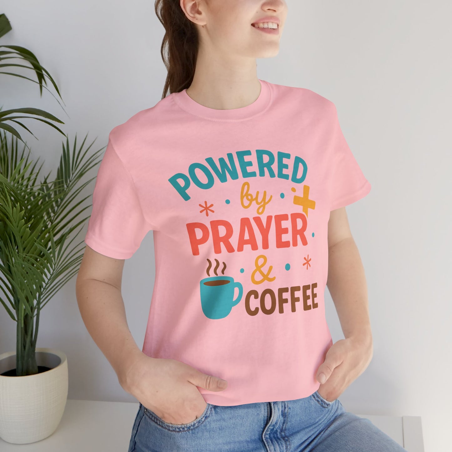 Powered by Prayer & Coffee Unisex Tee, Inspirational T-Shirt, Gift for Coffee Lovers, Christian Apparel, Relaxed Fit Top