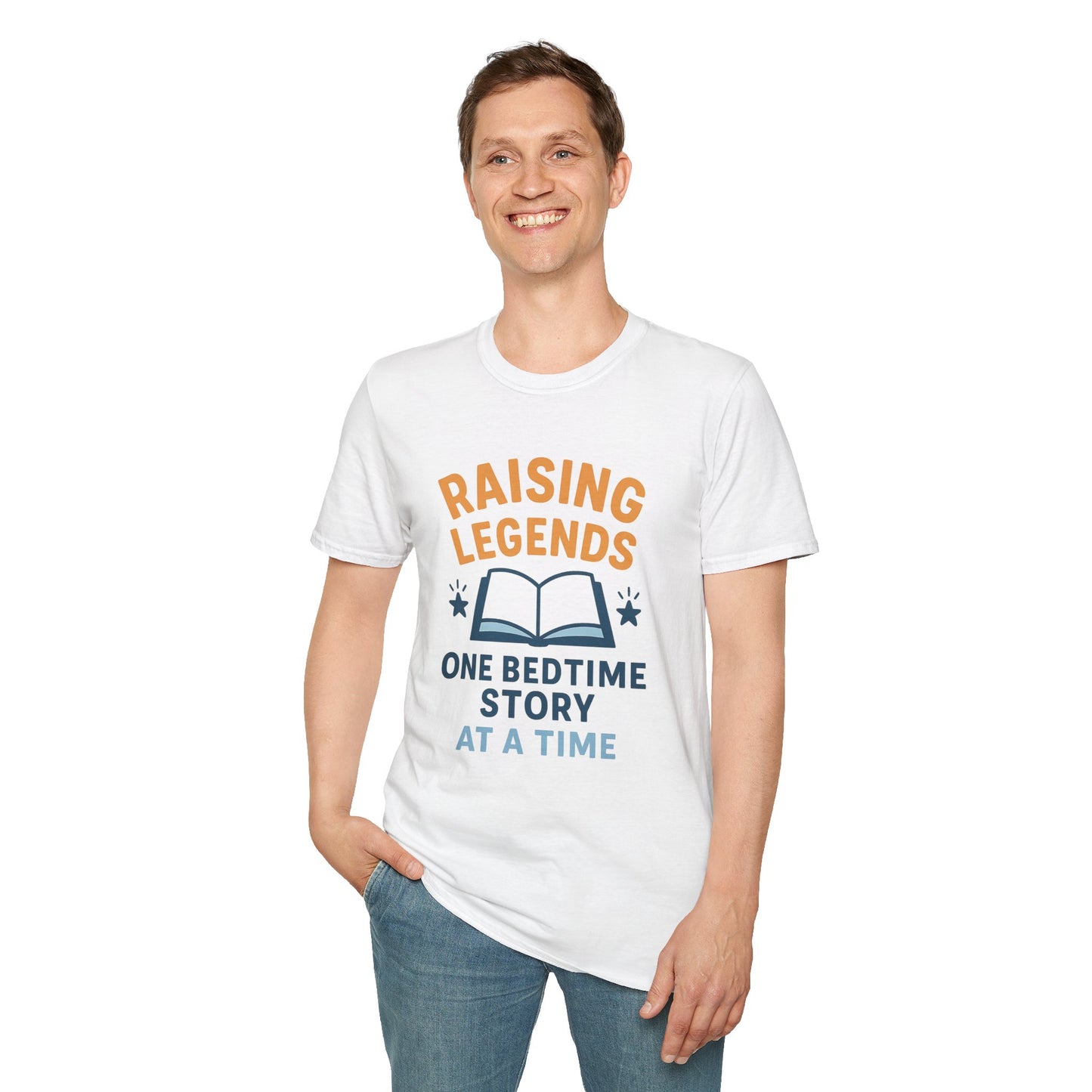 Raising Legends Bedtime Story T-Shirt, Unisex Softstyle Tee for Parents, Gift for Baby Showers, Kids' Birthdays, Cozy Casual Wear