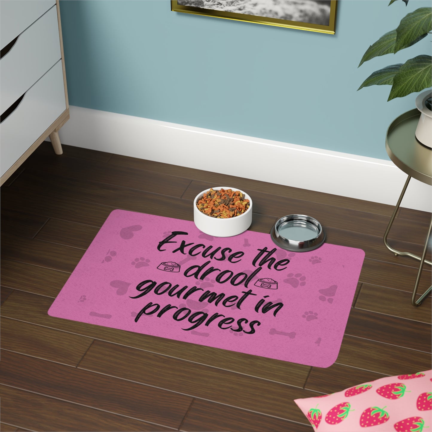 Whimsical Pet Food Mat - "Excuse the Drool, Gourmet in Progress" - 12x18 Pink