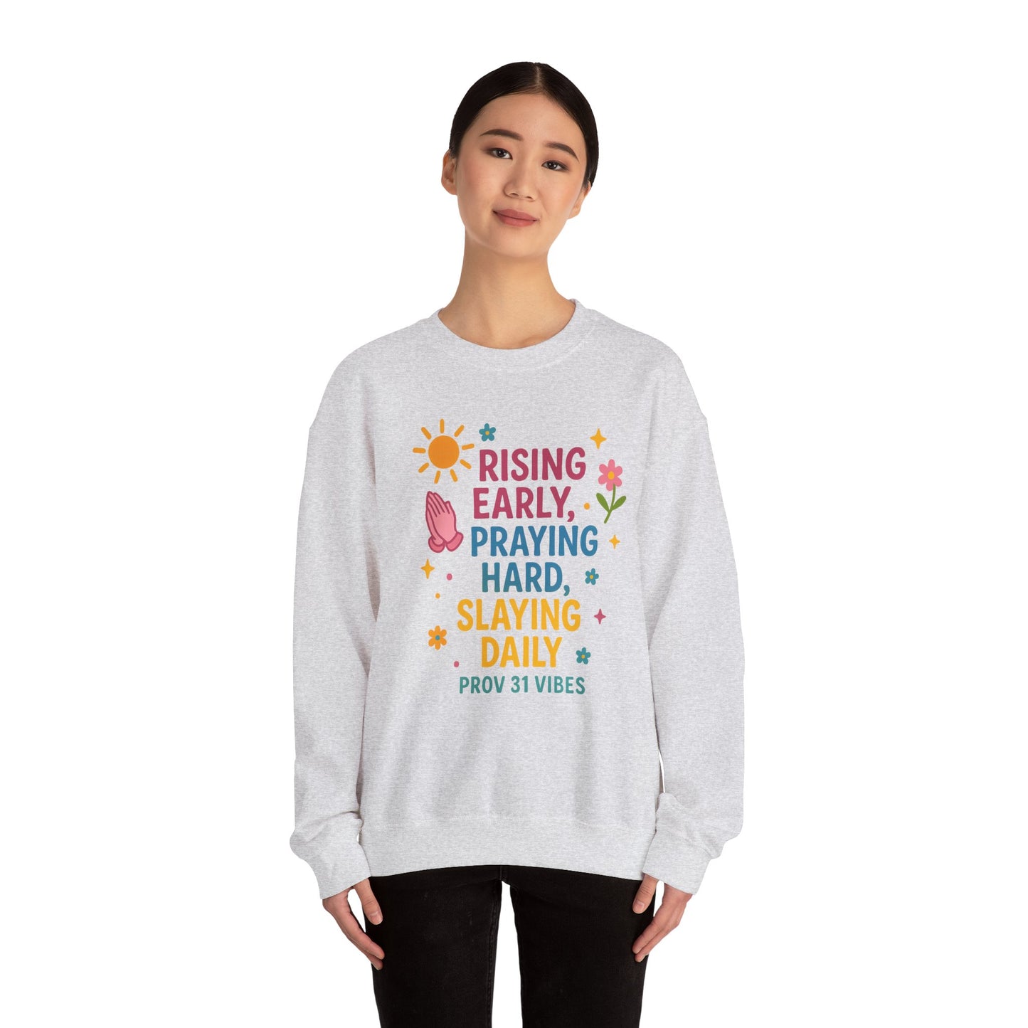Risen & Slayin' Sweatshirt - Cozy Spiritual Gift for Her, Motivational Crewneck, Daily Inspiration Apparel, Church Outfit, Cute Casual Wear