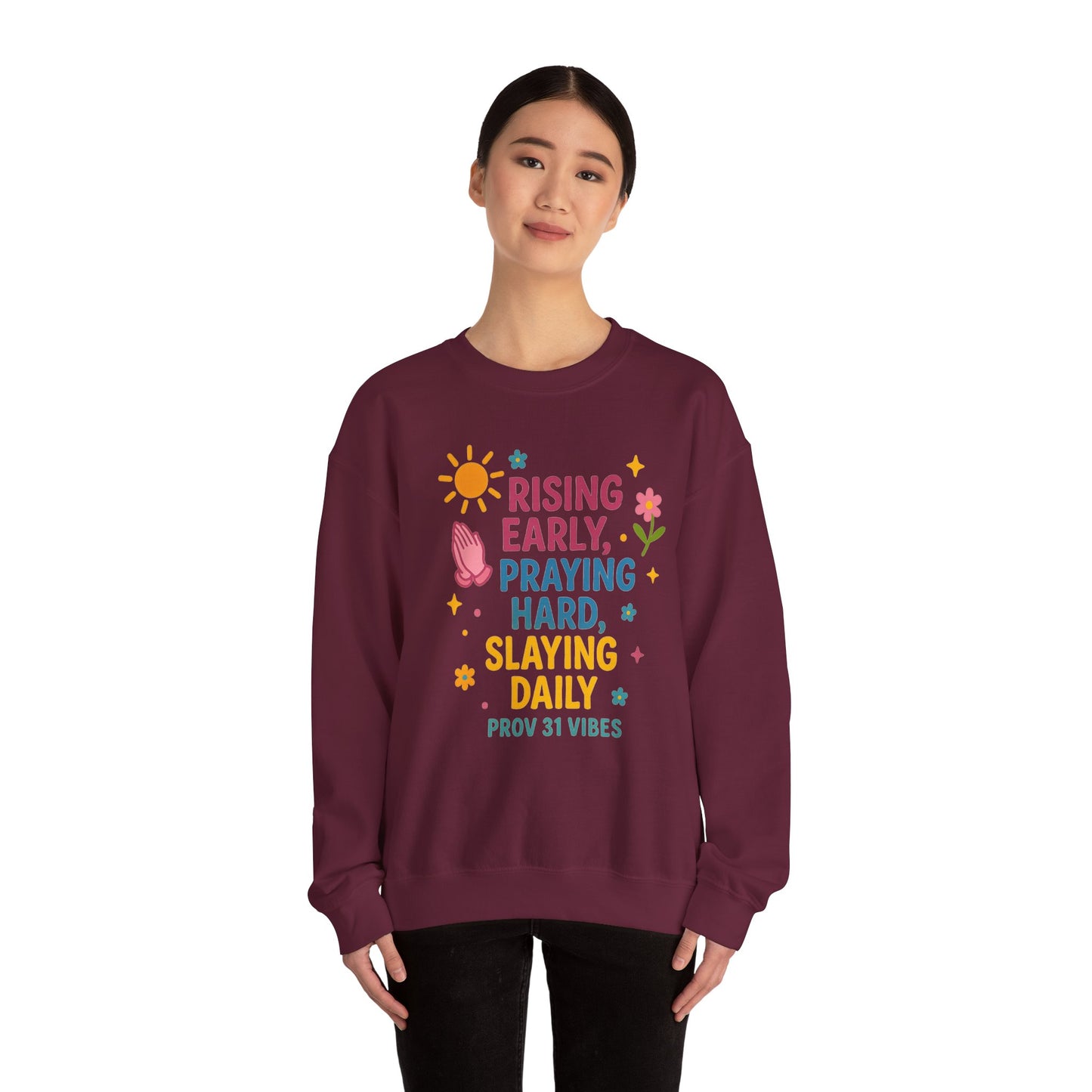 Risen & Slayin' Sweatshirt - Cozy Spiritual Gift for Her, Motivational Crewneck, Daily Inspiration Apparel, Church Outfit, Cute Casual Wear