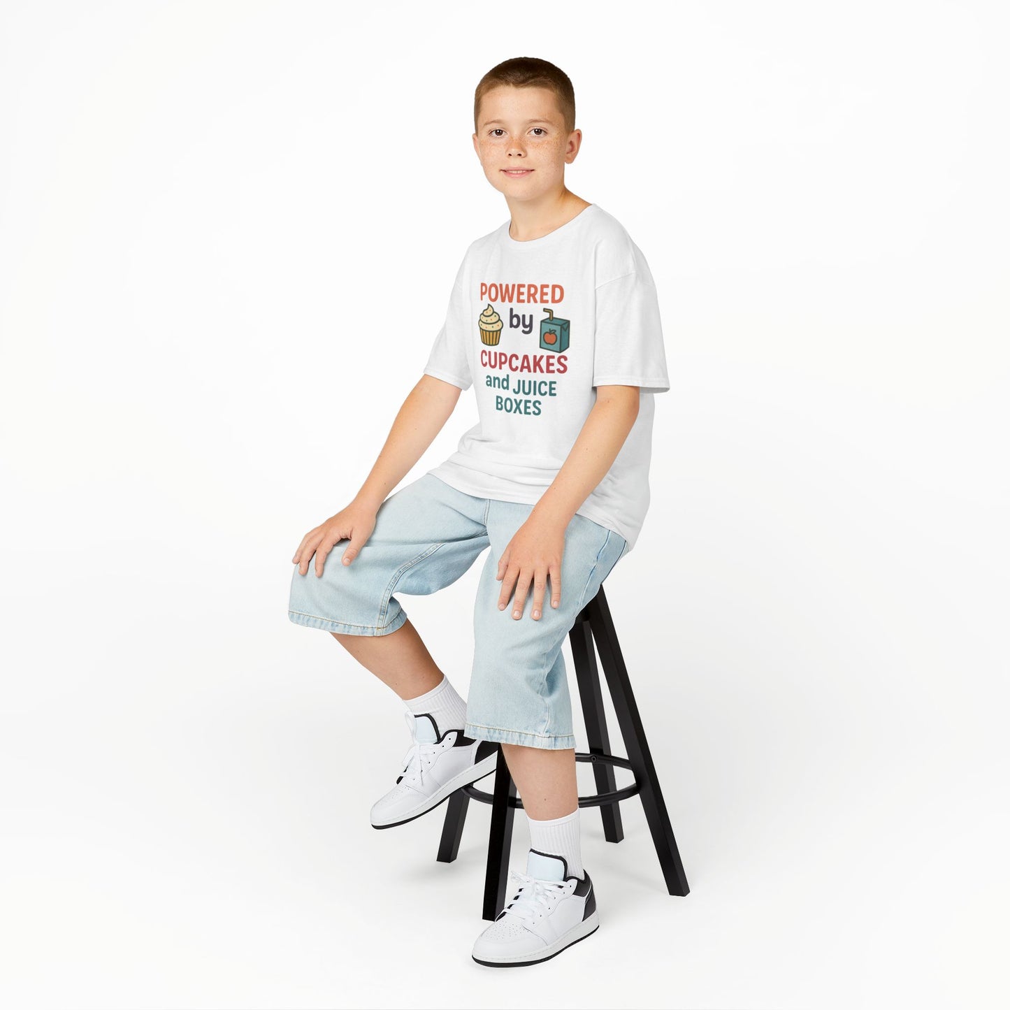 Powered by Cupcakes Kids Tee, Funny Kids T-Shirt, Cute Gift for Birthdays, Playdate Outfit, Cupcake Lover Apparel