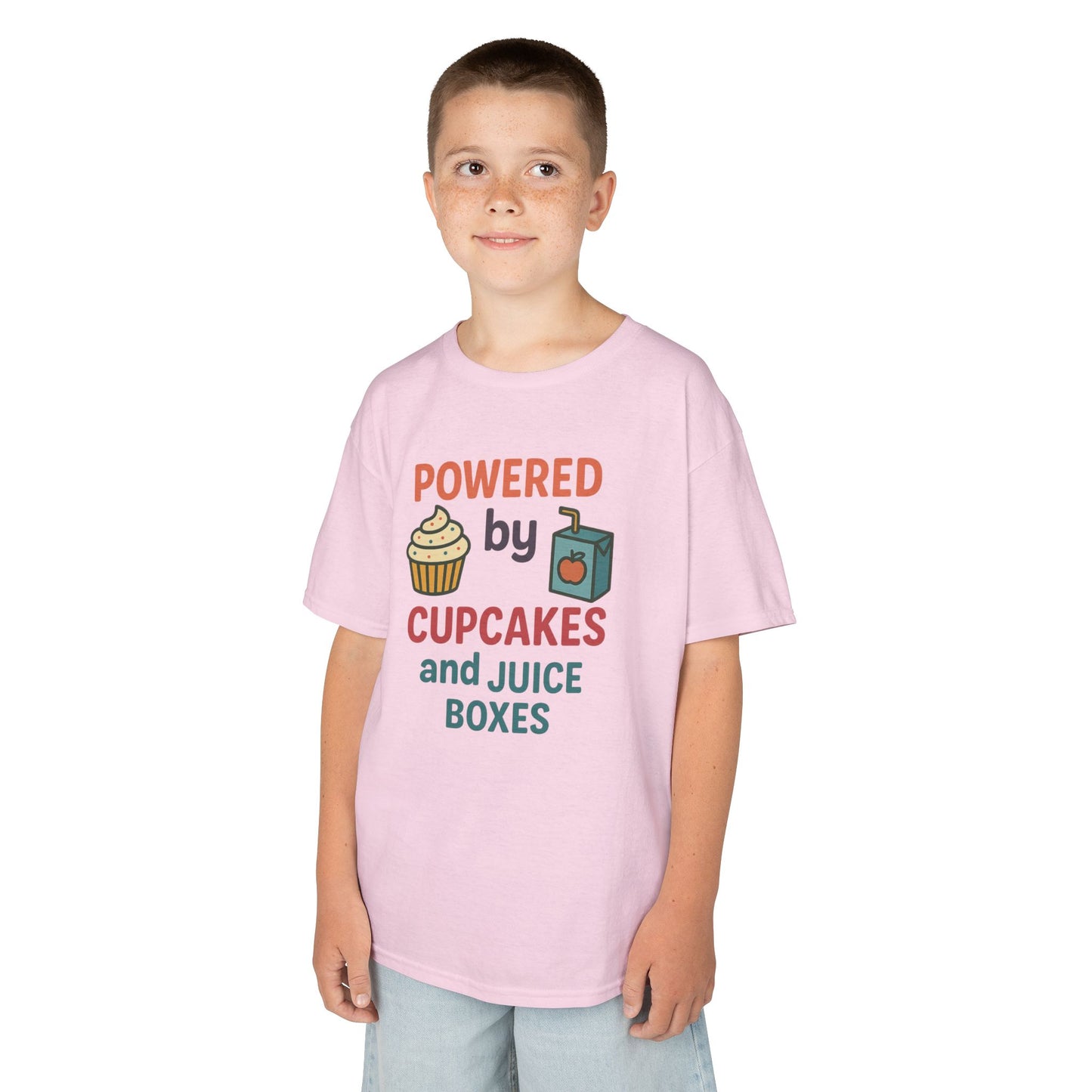Powered by Cupcakes Kids Tee, Funny Kids T-Shirt, Cute Gift for Birthdays, Playdate Outfit, Cupcake Lover Apparel