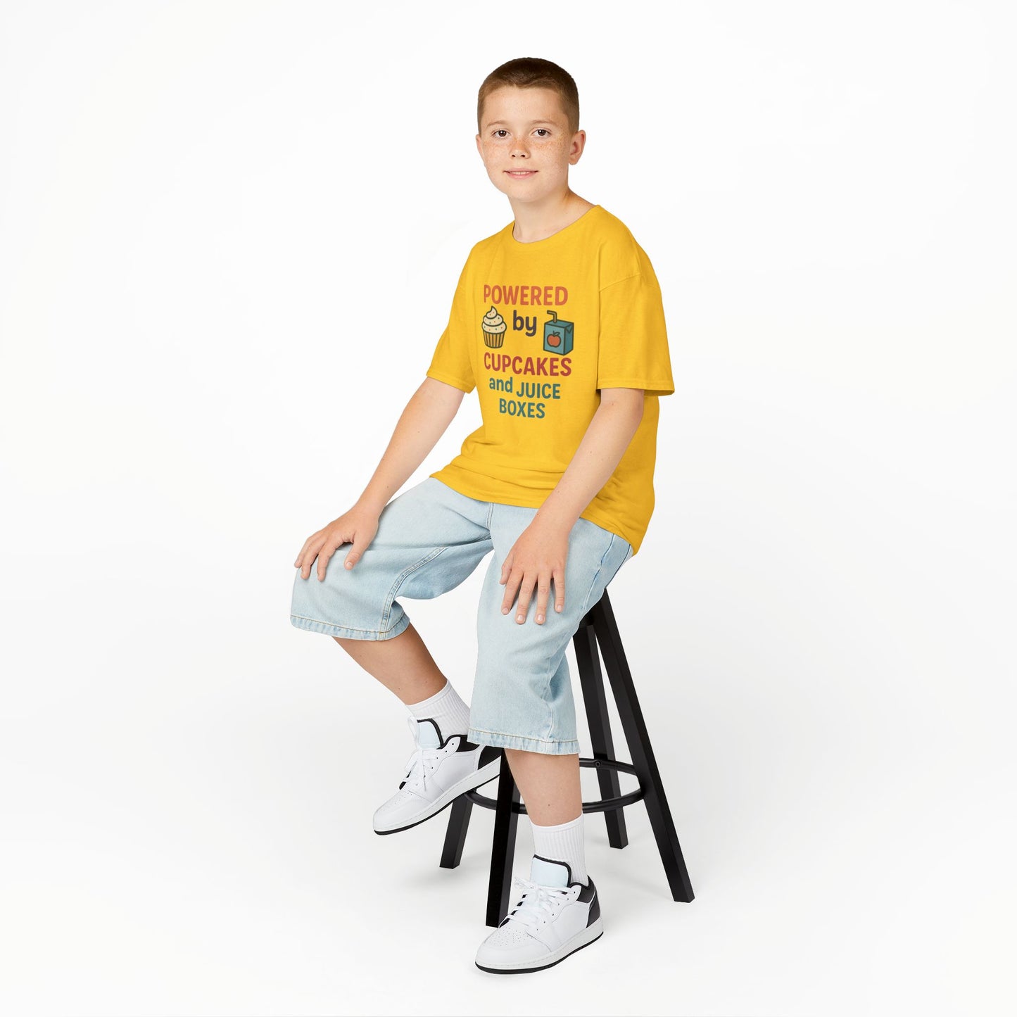 Powered by Cupcakes Kids Tee, Funny Kids T-Shirt, Cute Gift for Birthdays, Playdate Outfit, Cupcake Lover Apparel