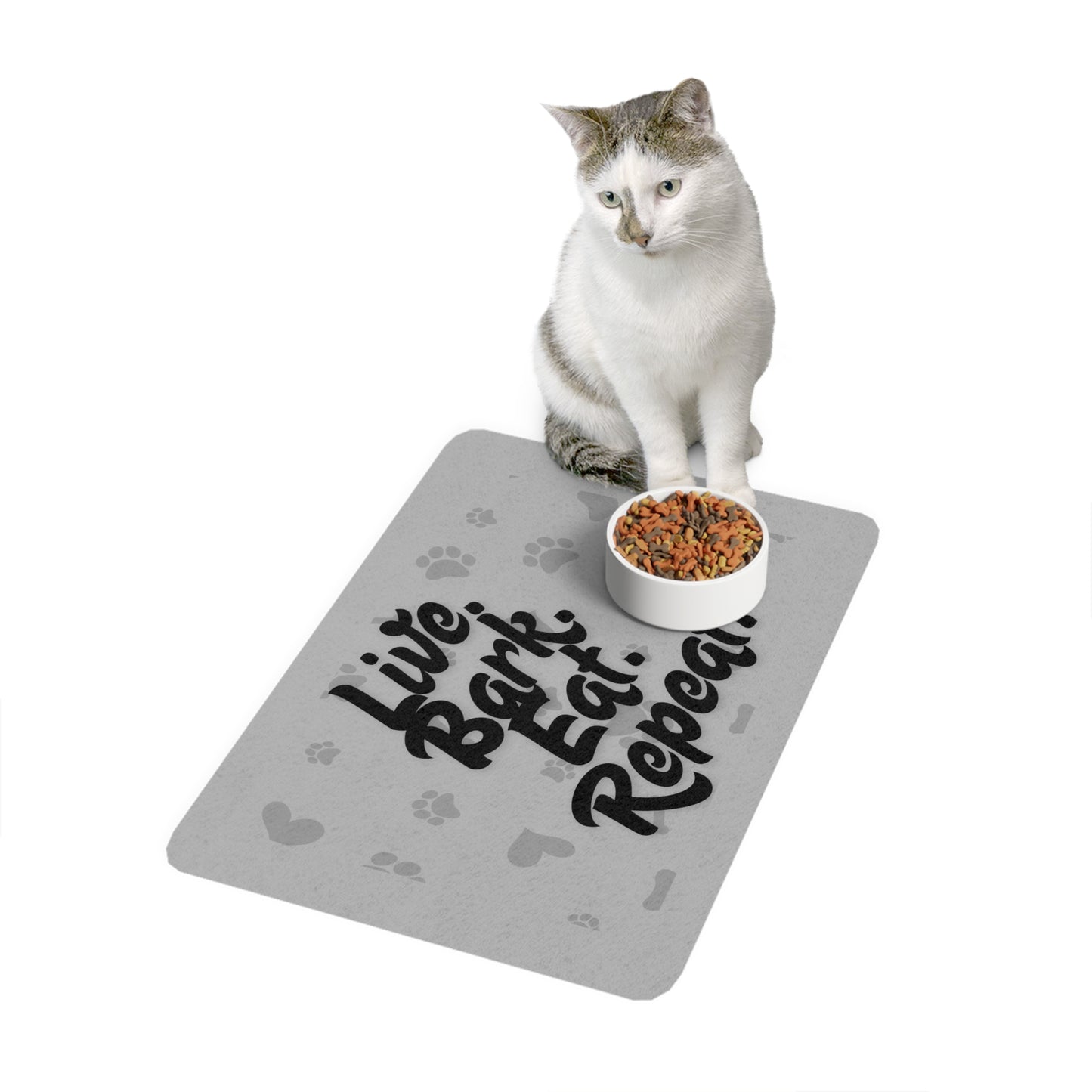 Funny Pet Food Mat - Live Bark Eat Repeat - 12x18 - Grey