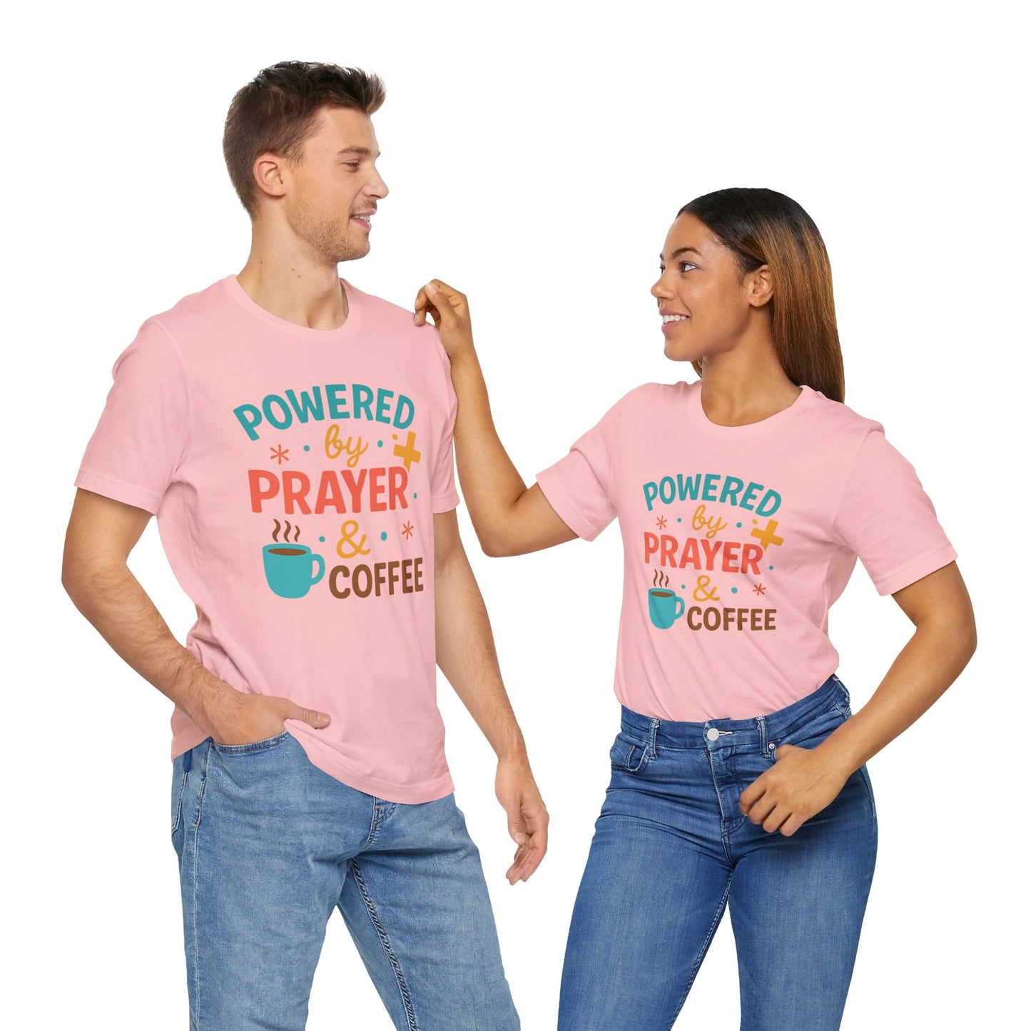 Powered by Prayer & Coffee Unisex Tee, Inspirational T-Shirt, Gift for Coffee Lovers, Christian Apparel, Relaxed Fit Top