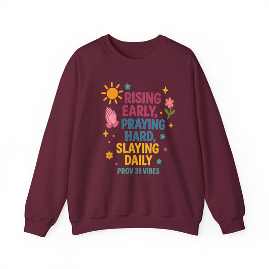 Risen & Slayin' Sweatshirt - Cozy Spiritual Gift for Her, Motivational Crewneck, Daily Inspiration Apparel, Church Outfit, Cute Casual Wear
