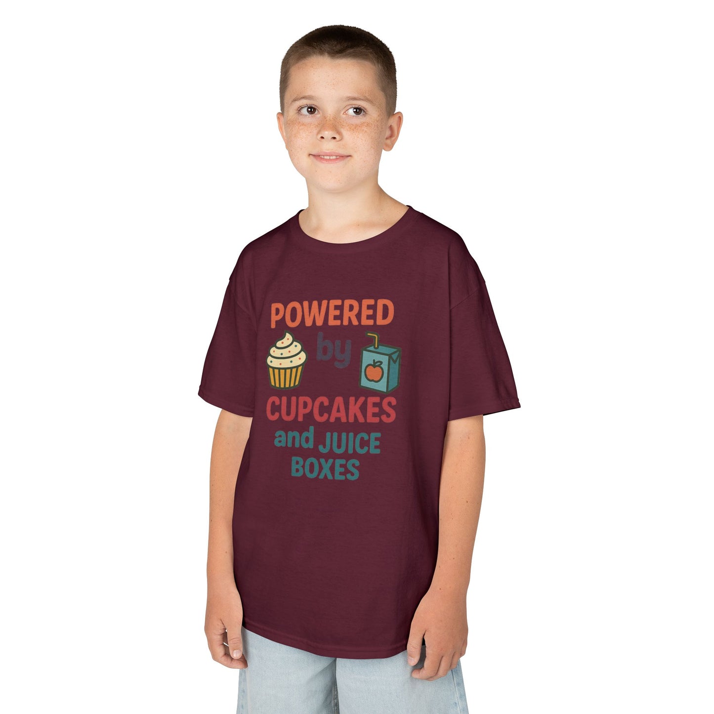 Powered by Cupcakes Kids Tee, Funny Kids T-Shirt, Cute Gift for Birthdays, Playdate Outfit, Cupcake Lover Apparel