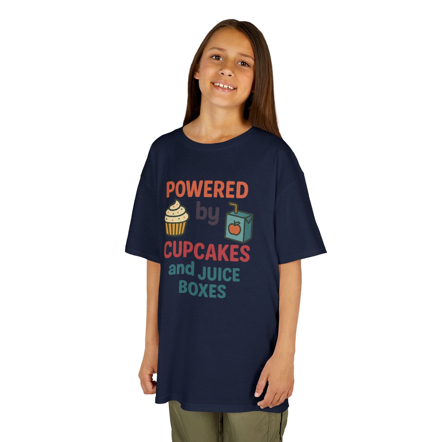 Powered by Cupcakes Kids Tee, Funny Kids T-Shirt, Cute Gift for Birthdays, Playdate Outfit, Cupcake Lover Apparel