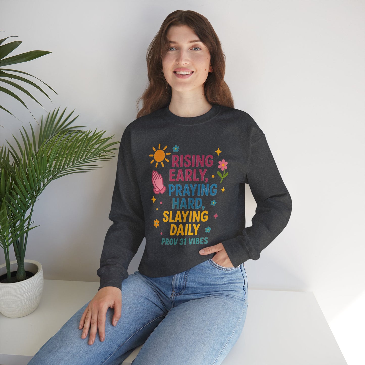 Risen & Slayin' Sweatshirt - Cozy Spiritual Gift for Her, Motivational Crewneck, Daily Inspiration Apparel, Church Outfit, Cute Casual Wear