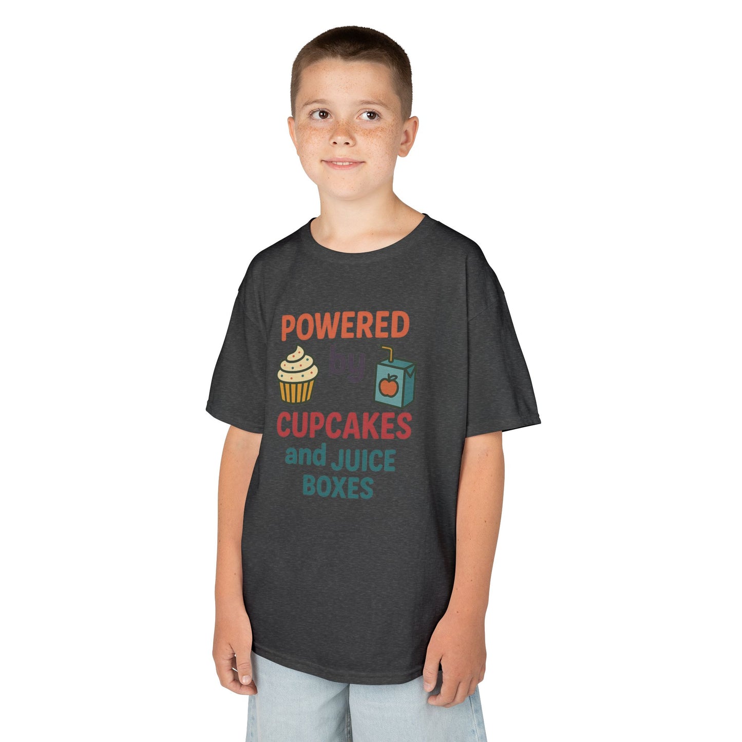 Powered by Cupcakes Kids Tee, Funny Kids T-Shirt, Cute Gift for Birthdays, Playdate Outfit, Cupcake Lover Apparel