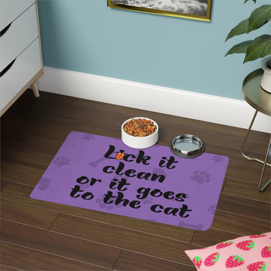 Funny Cat Food Mat - 'Lick It Clean or It Goes to the Cat' - Purple