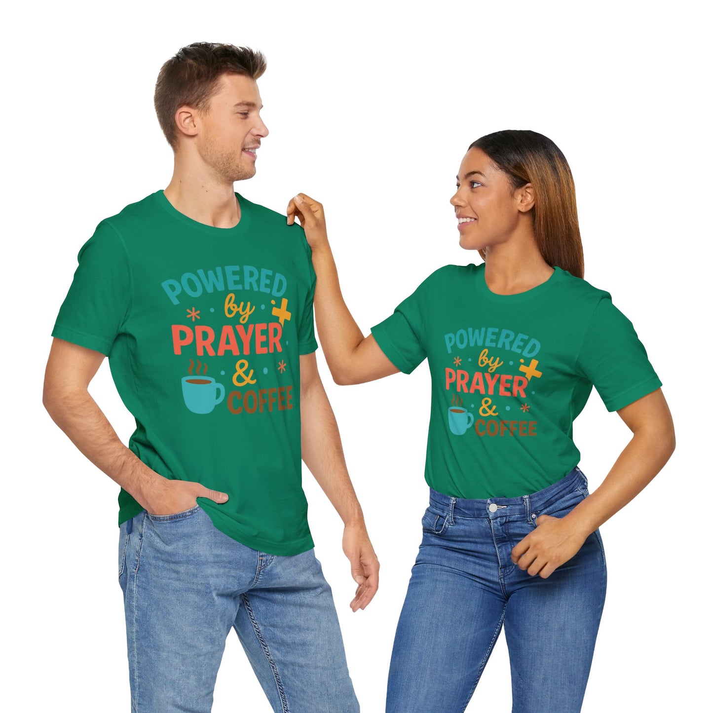 Powered by Prayer & Coffee Unisex Tee, Inspirational T-Shirt, Gift for Coffee Lovers, Christian Apparel, Relaxed Fit Top