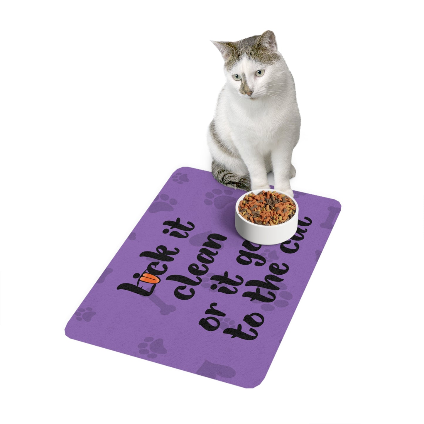 Funny Cat Food Mat - 'Lick It Clean or It Goes to the Cat' - Purple
