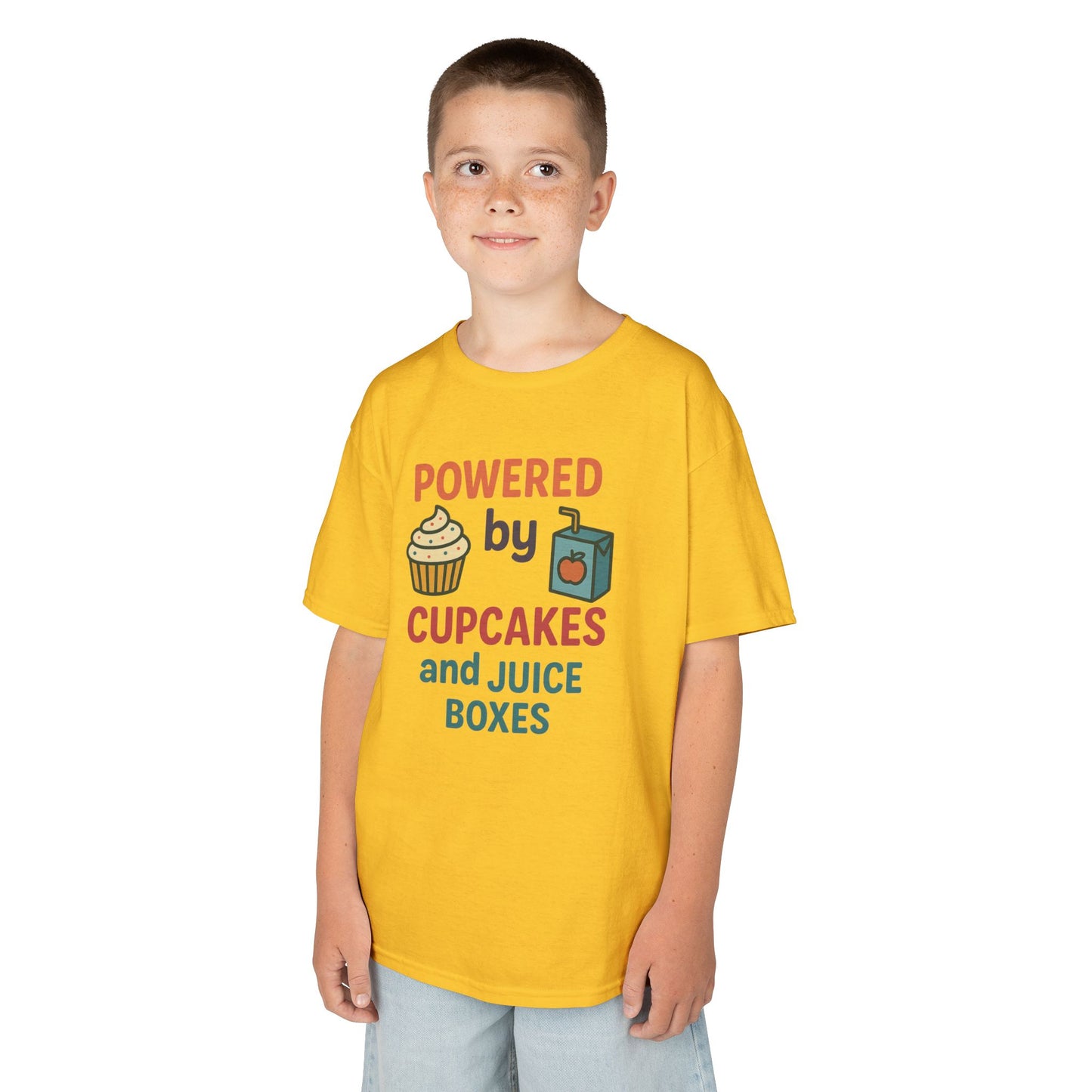 Powered by Cupcakes Kids Tee, Funny Kids T-Shirt, Cute Gift for Birthdays, Playdate Outfit, Cupcake Lover Apparel