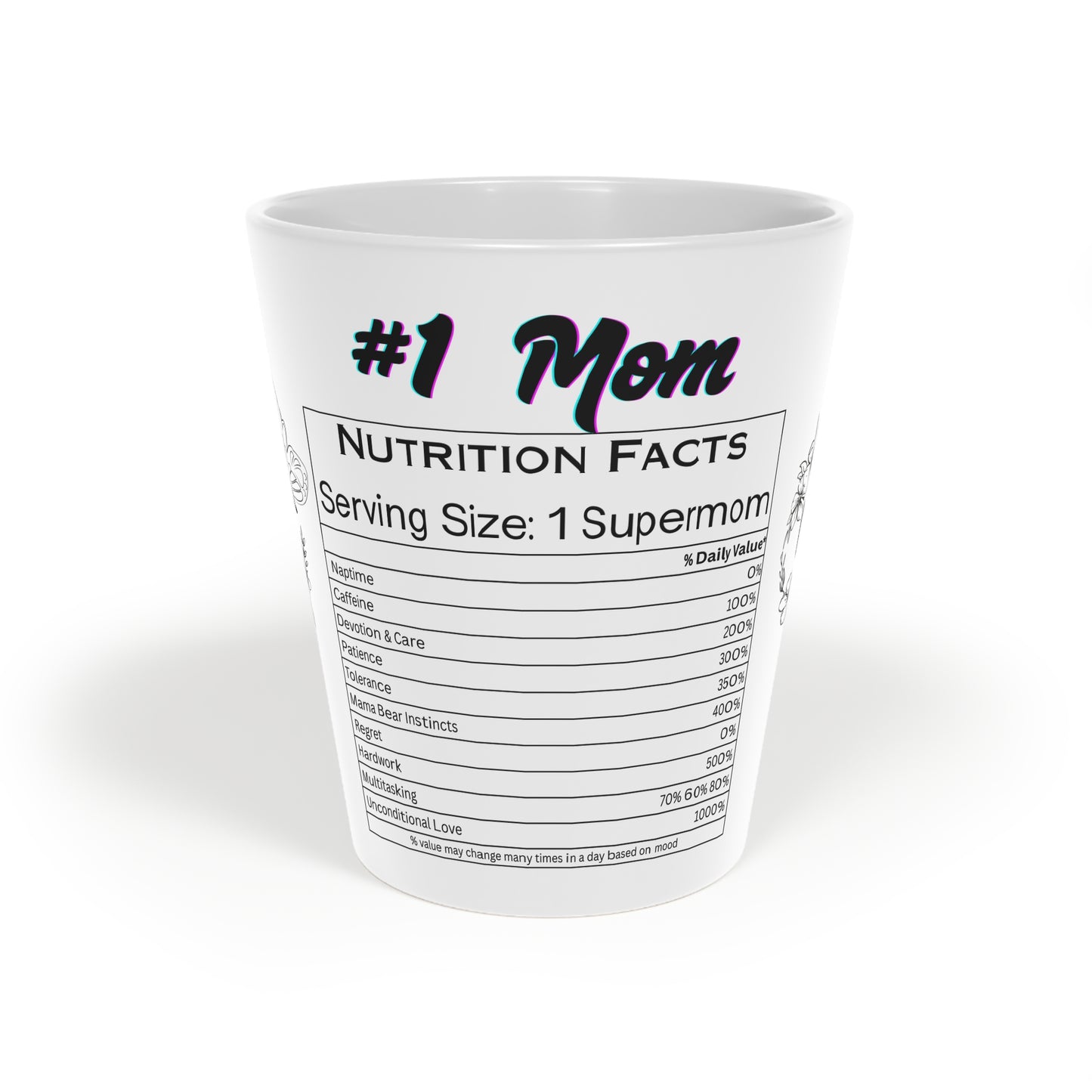 #1 Mom Latte Mug - 12oz Coffee Cup with Nutrition Facts Design