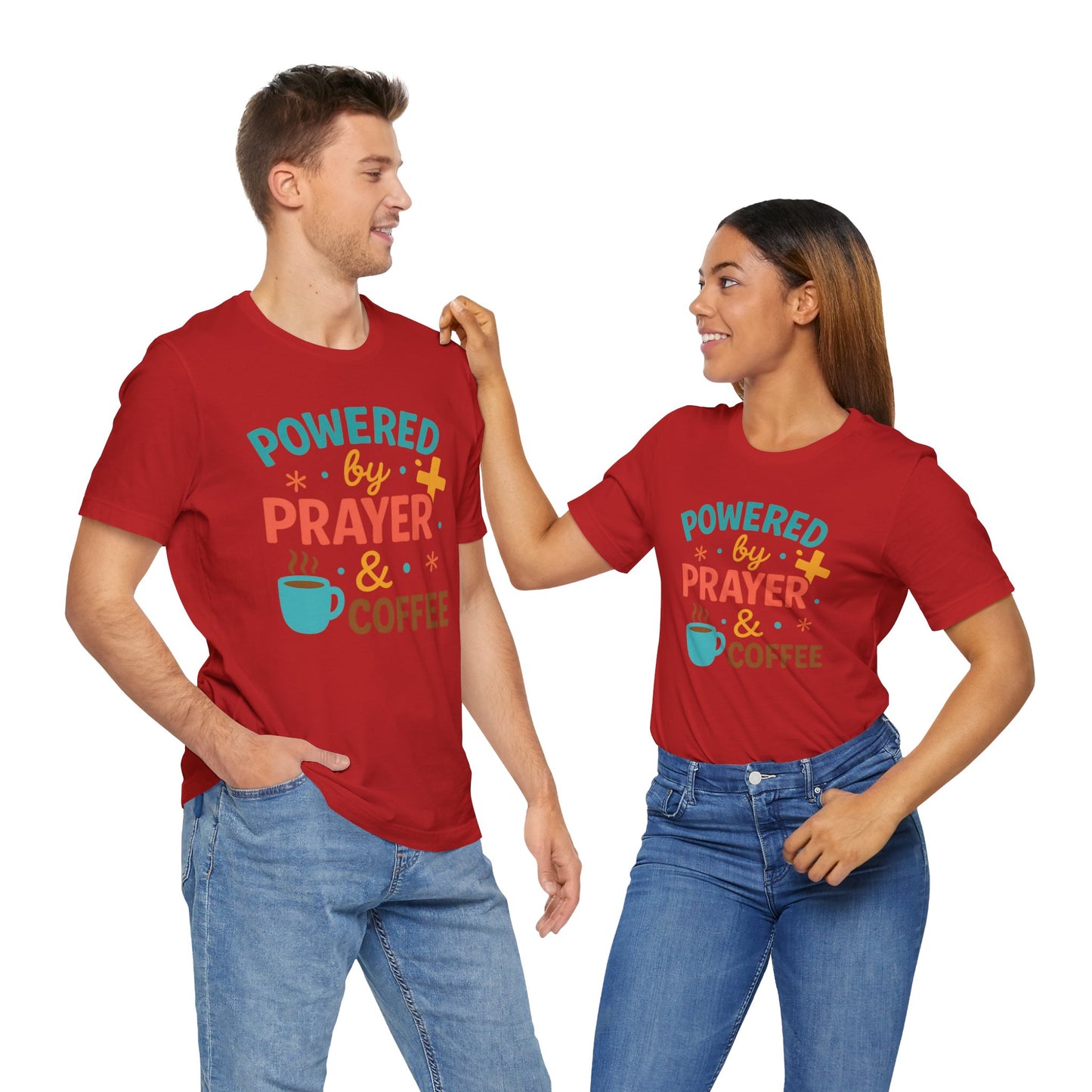 Powered by Prayer & Coffee Unisex Tee, Inspirational T-Shirt, Gift for Coffee Lovers, Christian Apparel, Relaxed Fit Top