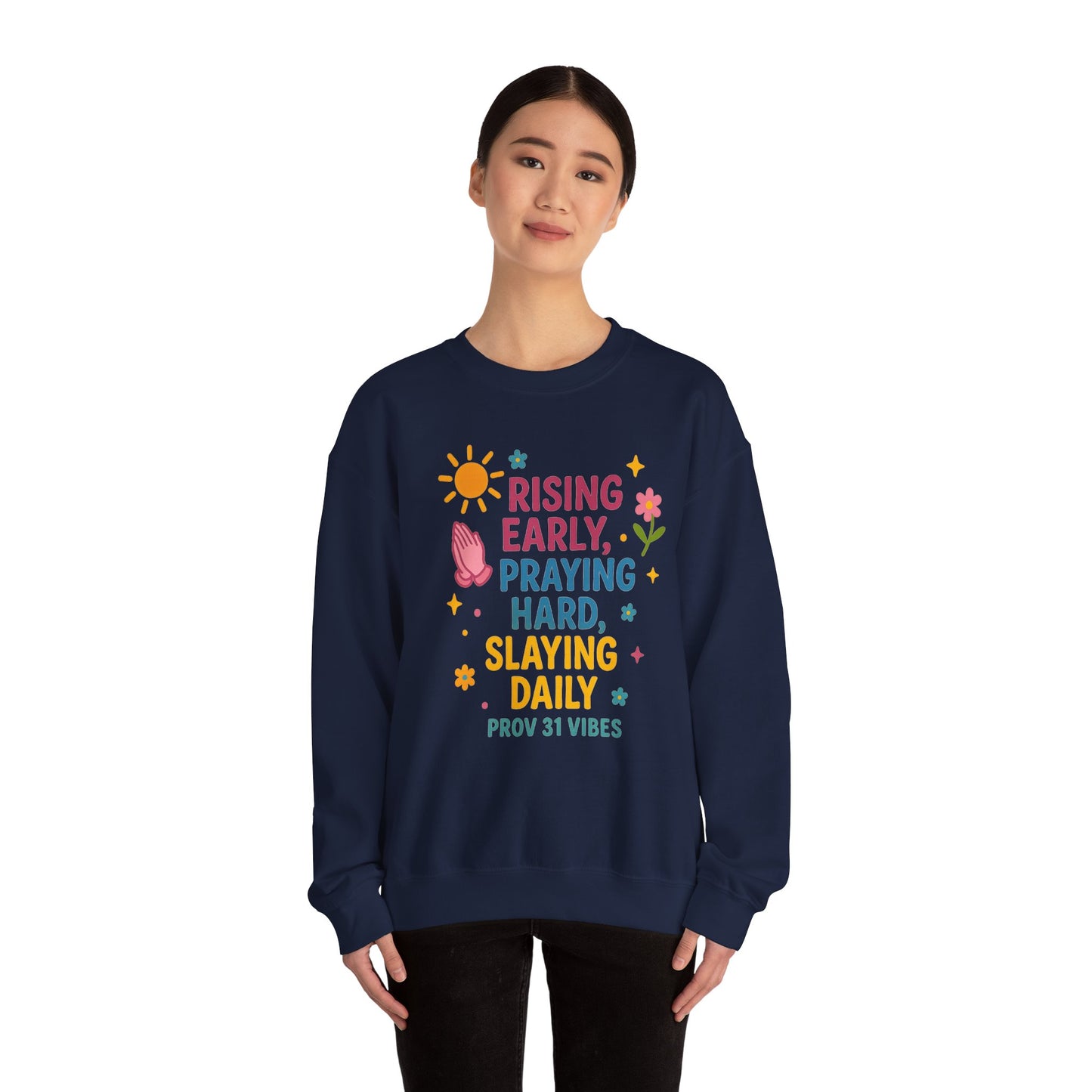 Risen & Slayin' Sweatshirt - Cozy Spiritual Gift for Her, Motivational Crewneck, Daily Inspiration Apparel, Church Outfit, Cute Casual Wear