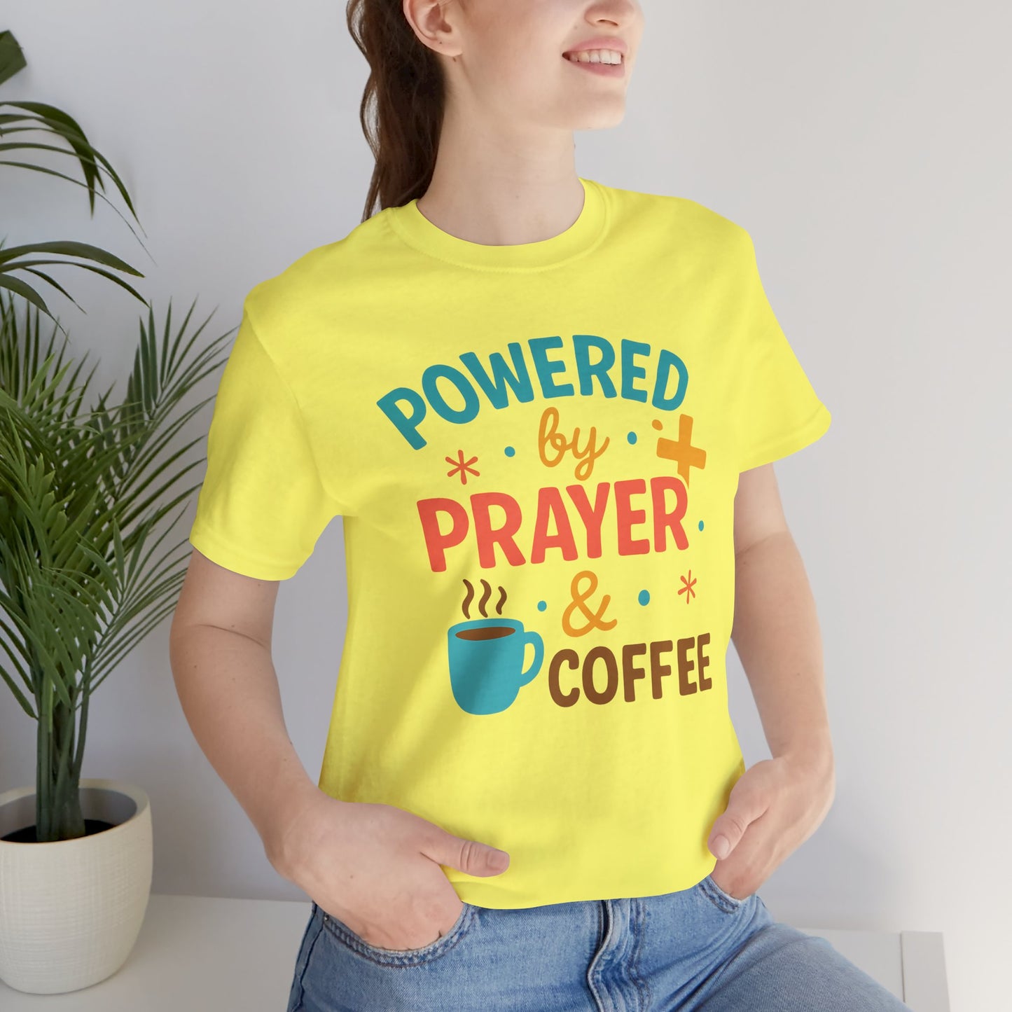 Powered by Prayer & Coffee Unisex Tee, Inspirational T-Shirt, Gift for Coffee Lovers, Christian Apparel, Relaxed Fit Top
