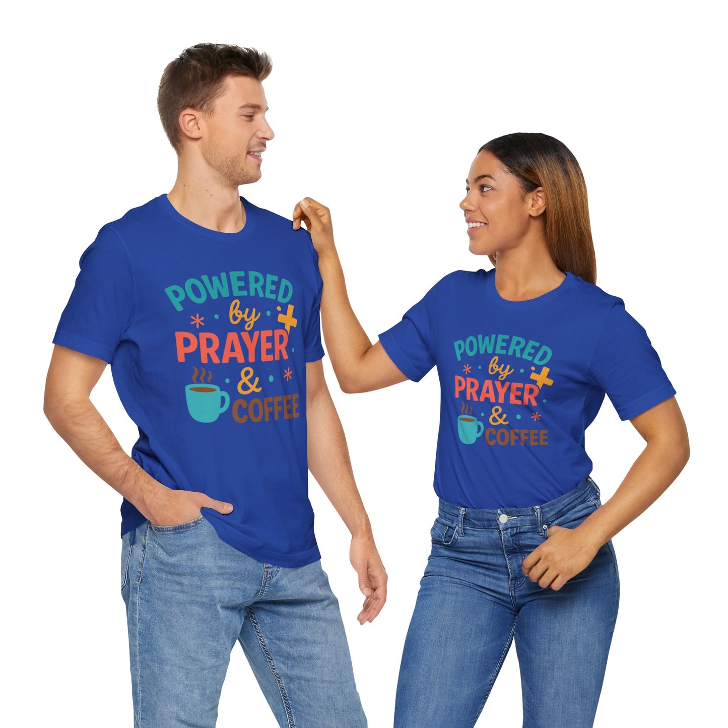 Powered by Prayer & Coffee Unisex Tee, Inspirational T-Shirt, Gift for Coffee Lovers, Christian Apparel, Relaxed Fit Top
