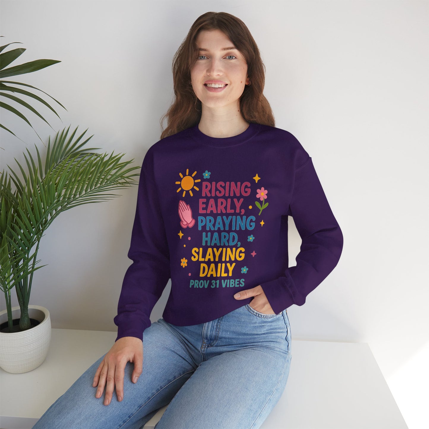 Risen & Slayin' Sweatshirt - Cozy Spiritual Gift for Her, Motivational Crewneck, Daily Inspiration Apparel, Church Outfit, Cute Casual Wear