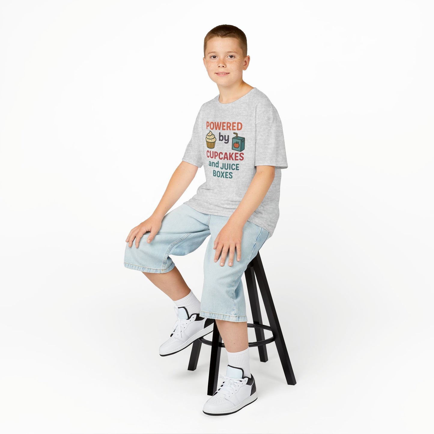 Powered by Cupcakes Kids Tee, Funny Kids T-Shirt, Cute Gift for Birthdays, Playdate Outfit, Cupcake Lover Apparel