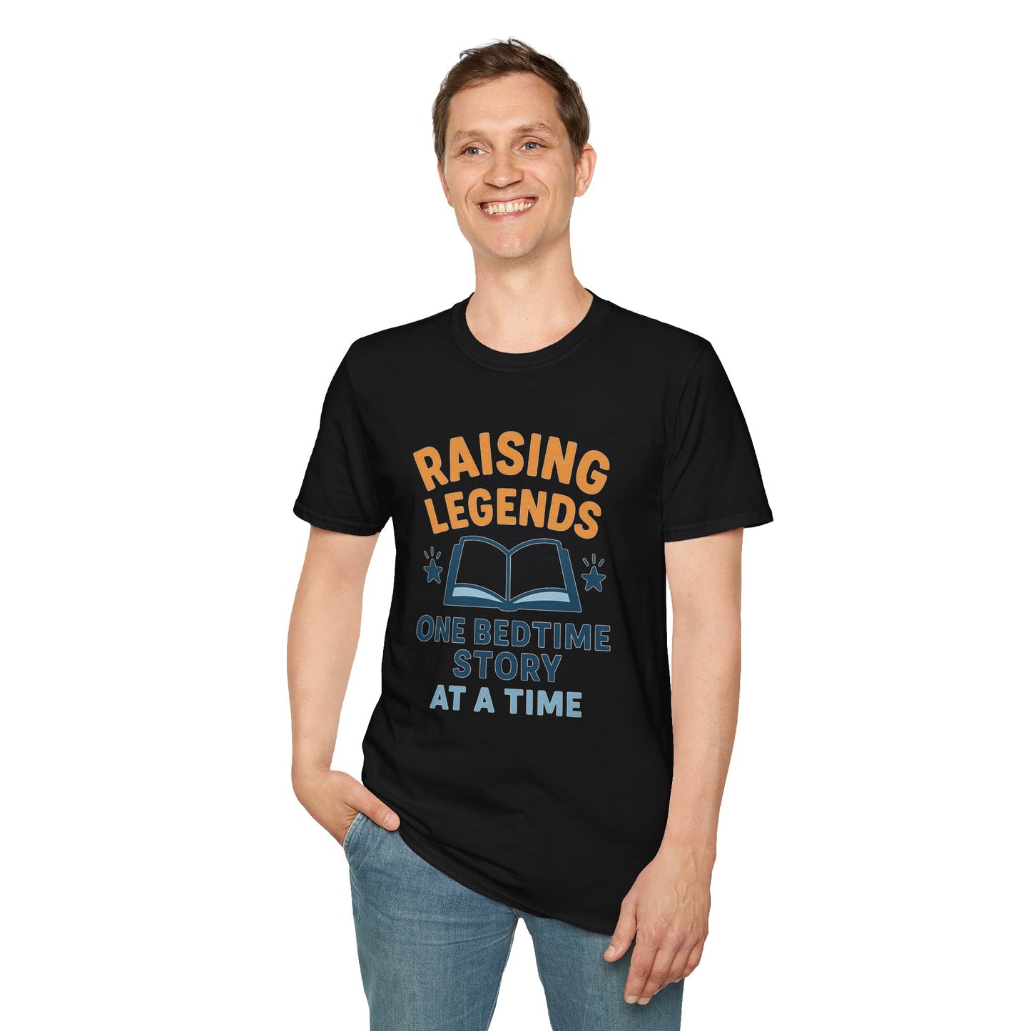 Raising Legends Bedtime Story T-Shirt, Unisex Softstyle Tee for Parents, Gift for Baby Showers, Kids' Birthdays, Cozy Casual Wear
