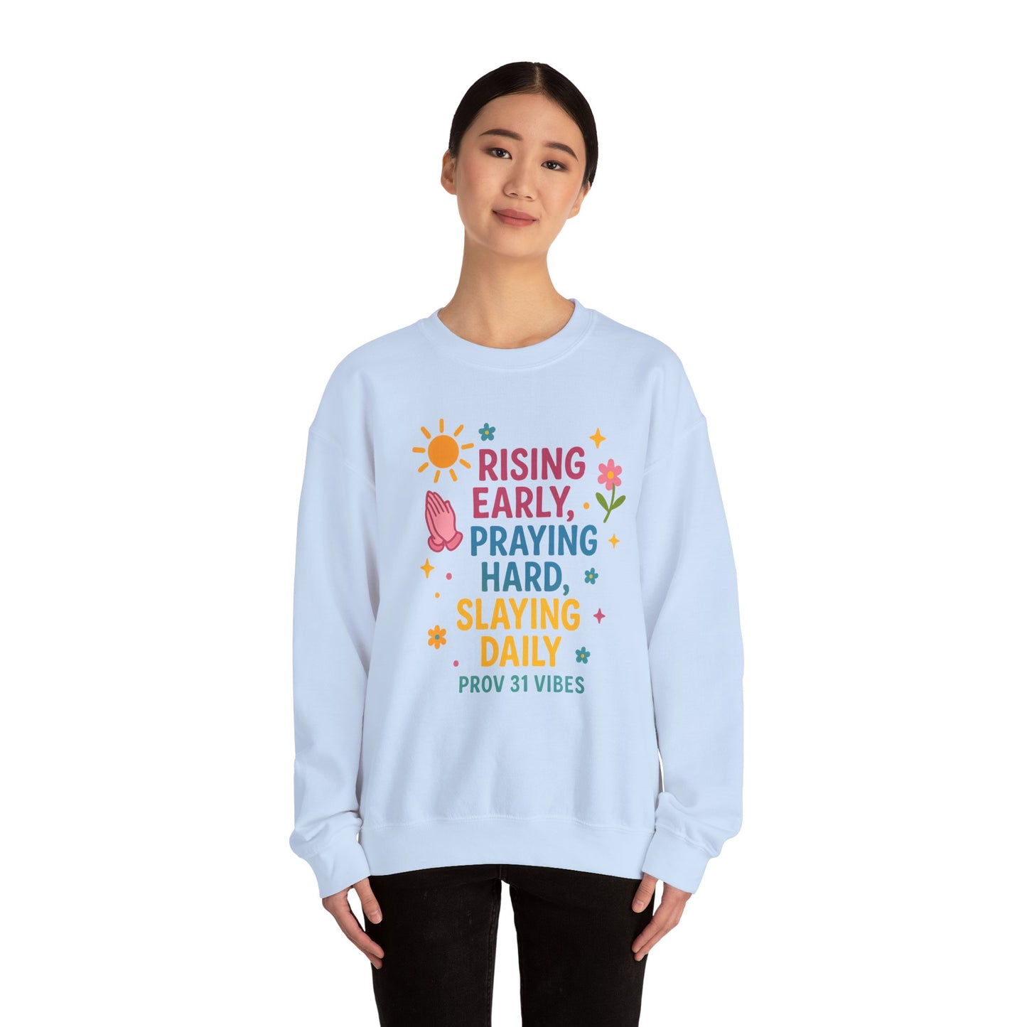 Risen & Slayin' Sweatshirt - Cozy Spiritual Gift for Her, Motivational Crewneck, Daily Inspiration Apparel, Church Outfit, Cute Casual Wear