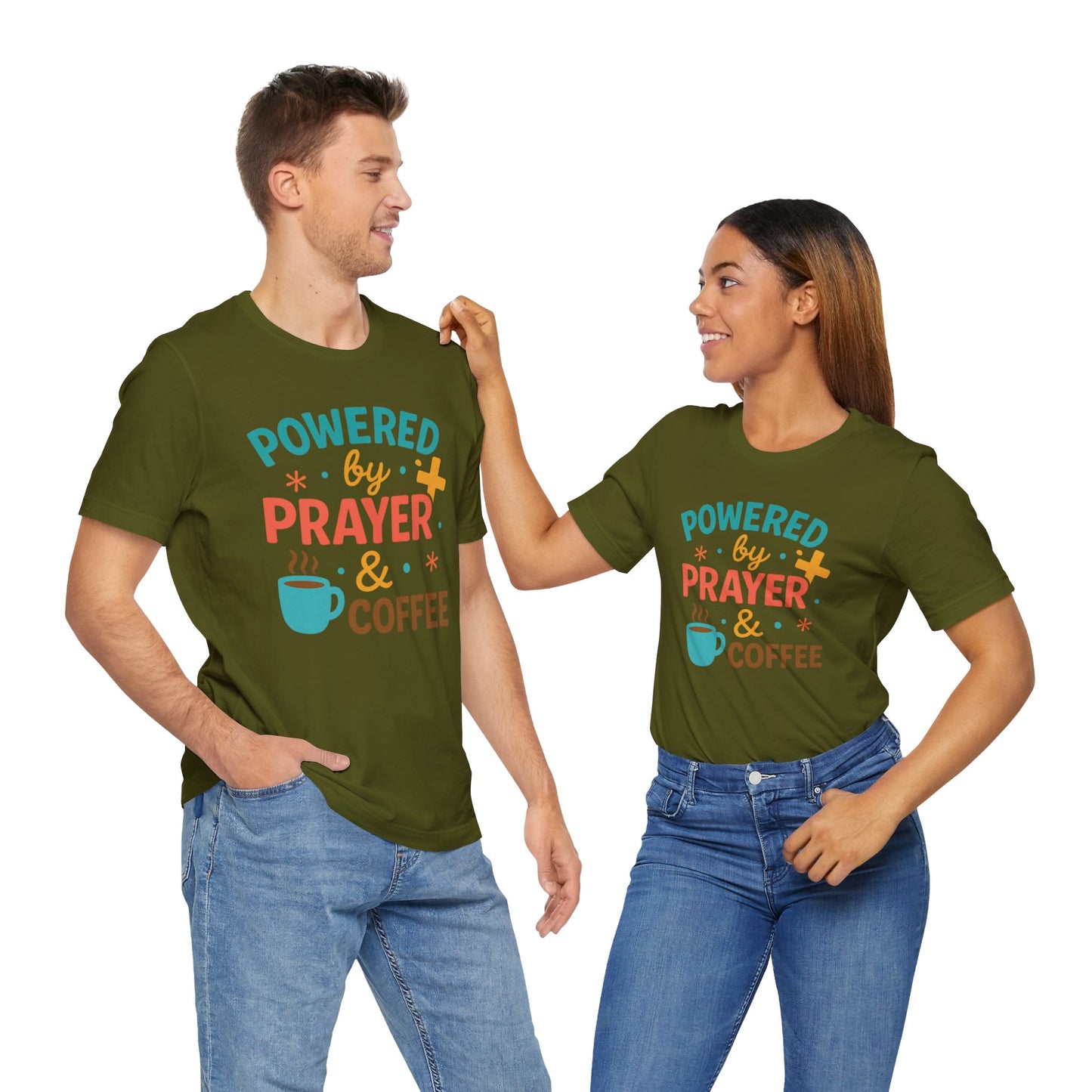 Powered by Prayer & Coffee Unisex Tee, Inspirational T-Shirt, Gift for Coffee Lovers, Christian Apparel, Relaxed Fit Top