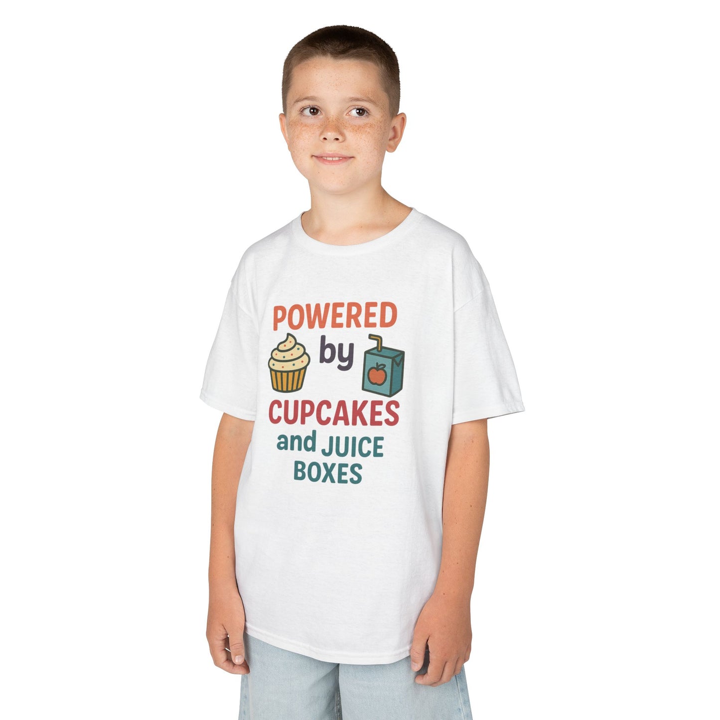 Powered by Cupcakes Kids Tee, Funny Kids T-Shirt, Cute Gift for Birthdays, Playdate Outfit, Cupcake Lover Apparel