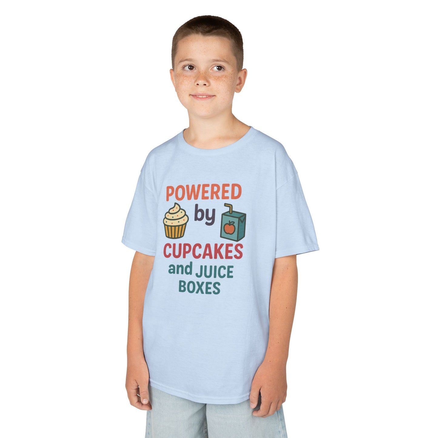 Powered by Cupcakes Kids Tee, Funny Kids T-Shirt, Cute Gift for Birthdays, Playdate Outfit, Cupcake Lover Apparel