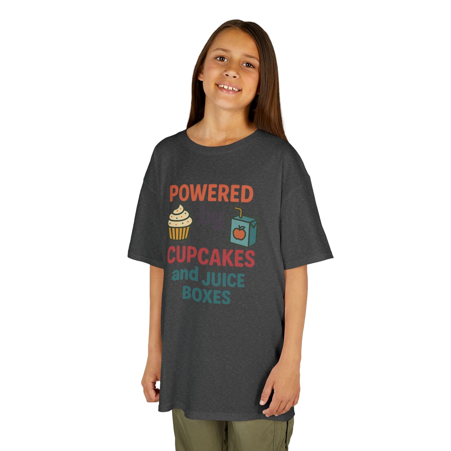 Powered by Cupcakes Kids Tee, Funny Kids T-Shirt, Cute Gift for Birthdays, Playdate Outfit, Cupcake Lover Apparel