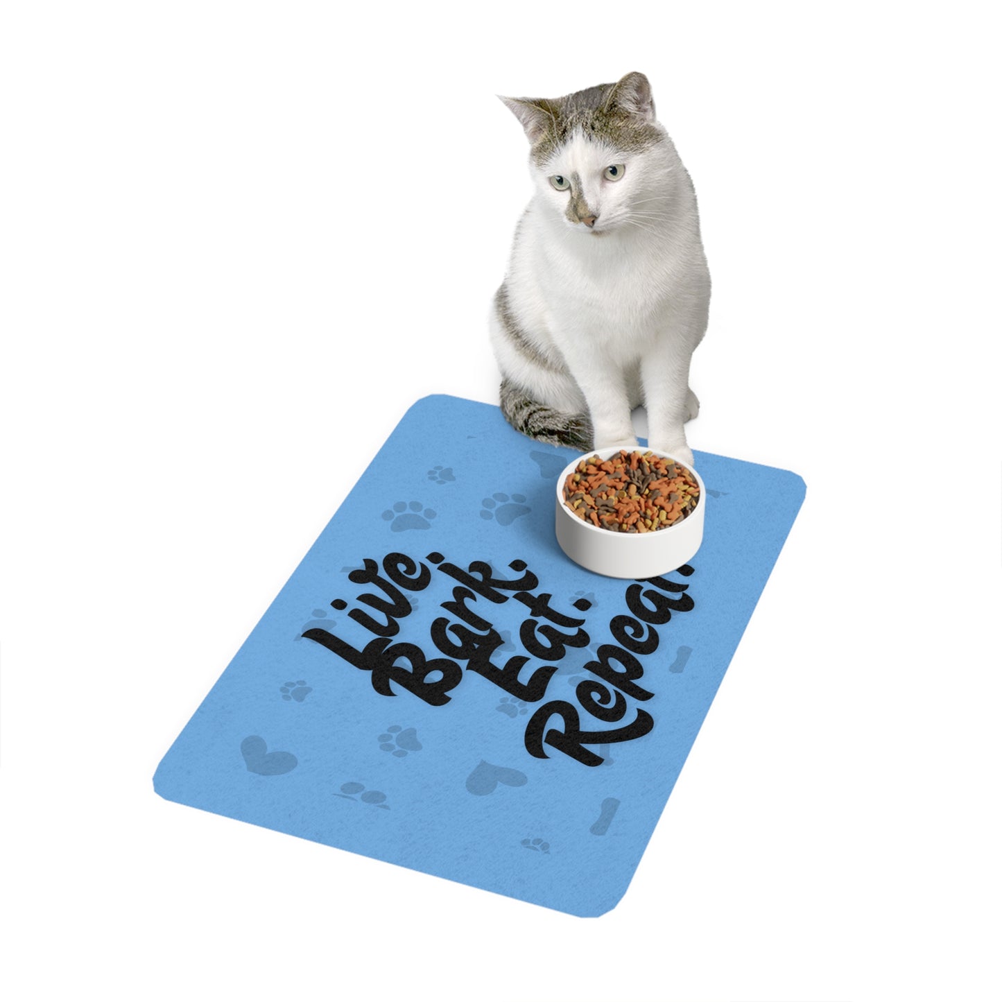 Funny Pet Food Mat - Live Bark Eat Repeat - 12x18 - Light Blue