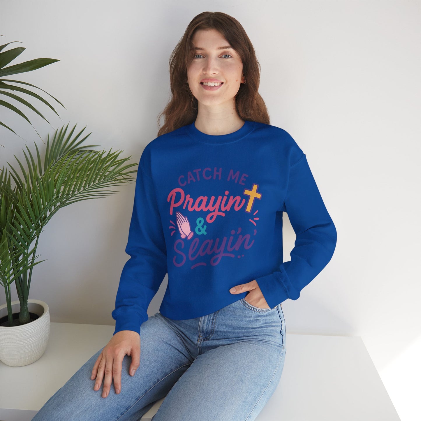 Catch Me Pray'in & Slay'in Unisex Crewneck Sweatshirt, Faith-Inspired Apparel, God Quote Gift, Cute Christian Sweater, Cozy Church Outfit