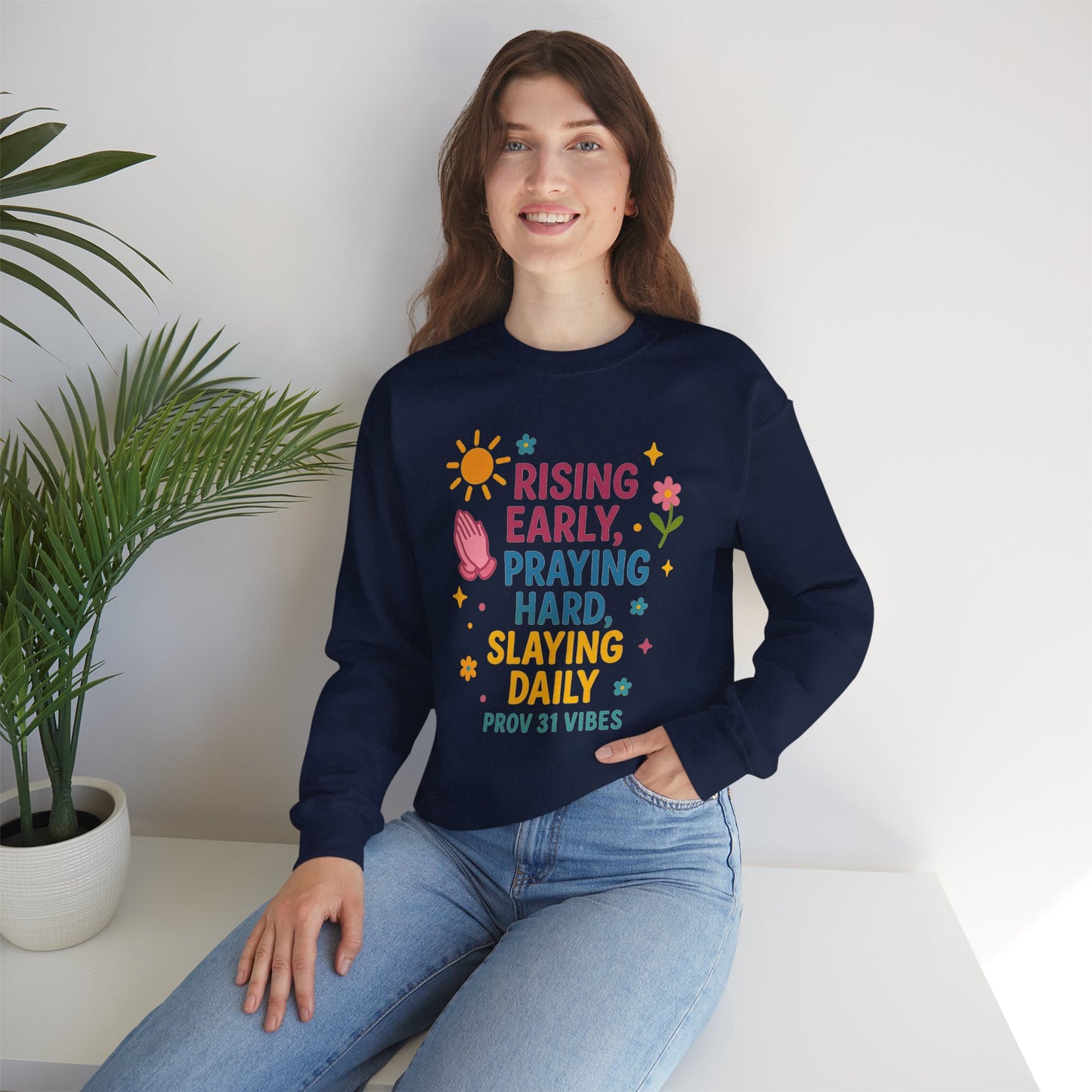 Risen & Slayin' Sweatshirt - Cozy Spiritual Gift for Her, Motivational Crewneck, Daily Inspiration Apparel, Church Outfit, Cute Casual Wear