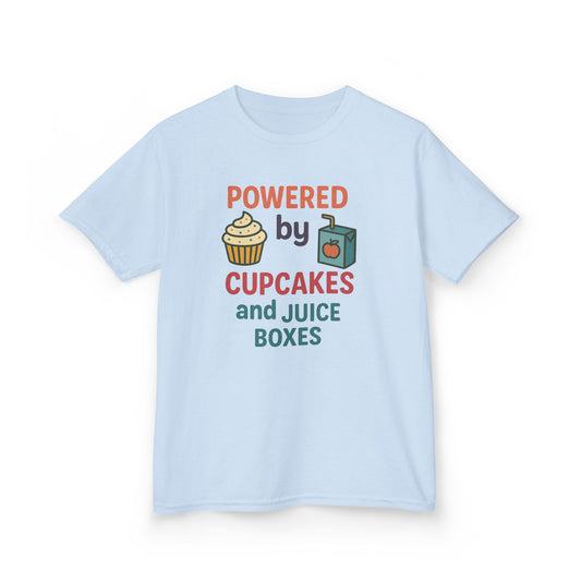 Powered by Cupcakes Kids Tee, Funny Kids T-Shirt, Cute Gift for Birthdays, Playdate Outfit, Cupcake Lover Apparel