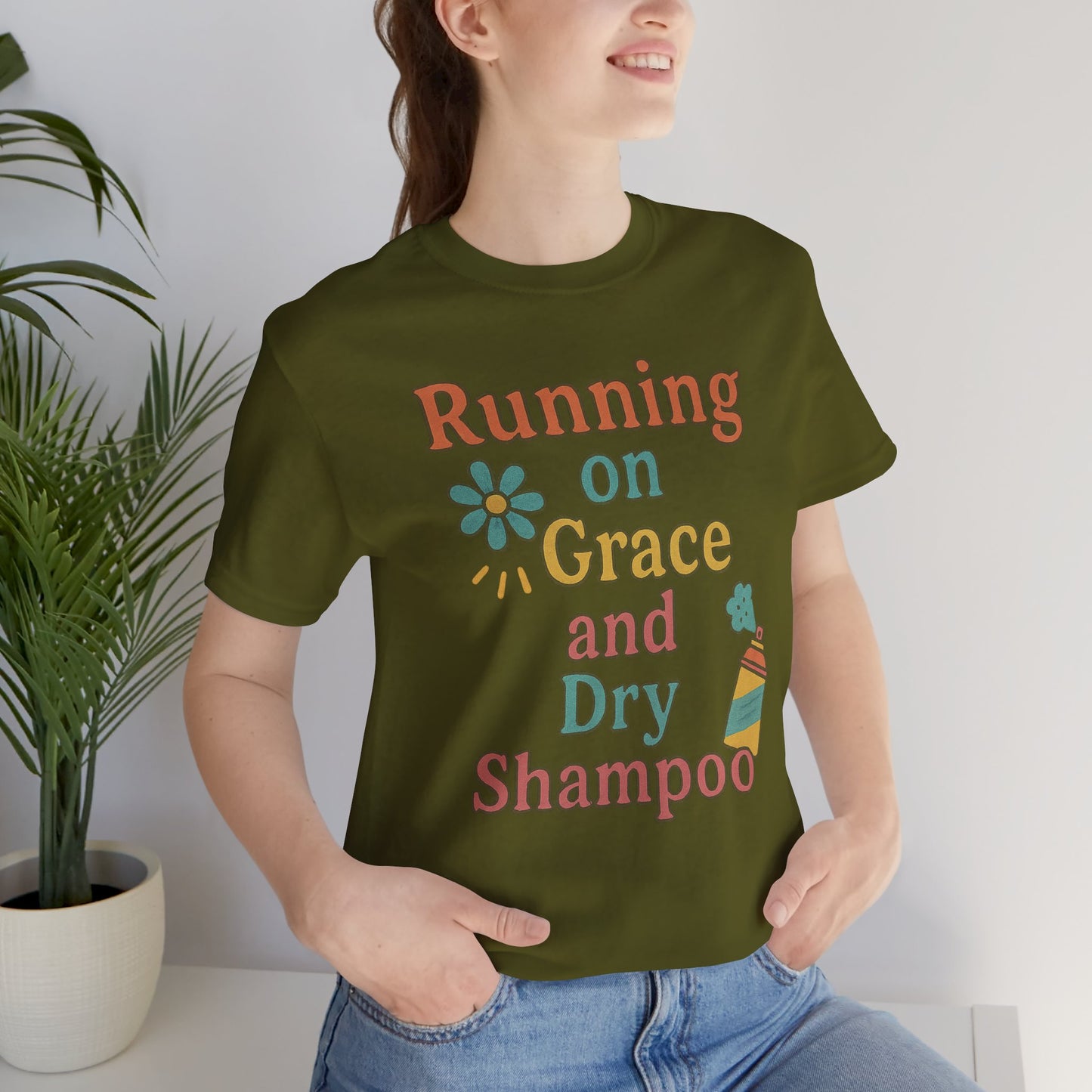 Running on Grace and Dry Shampoo Tee, Funny T-Shirt for Moms, Comfortable Everyday Wear, Gift for Hair Lovers, Trendy Casual Style