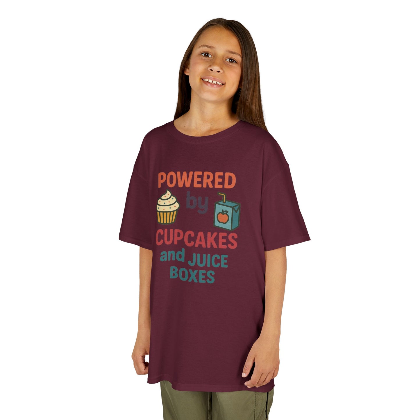 Powered by Cupcakes Kids Tee, Funny Kids T-Shirt, Cute Gift for Birthdays, Playdate Outfit, Cupcake Lover Apparel