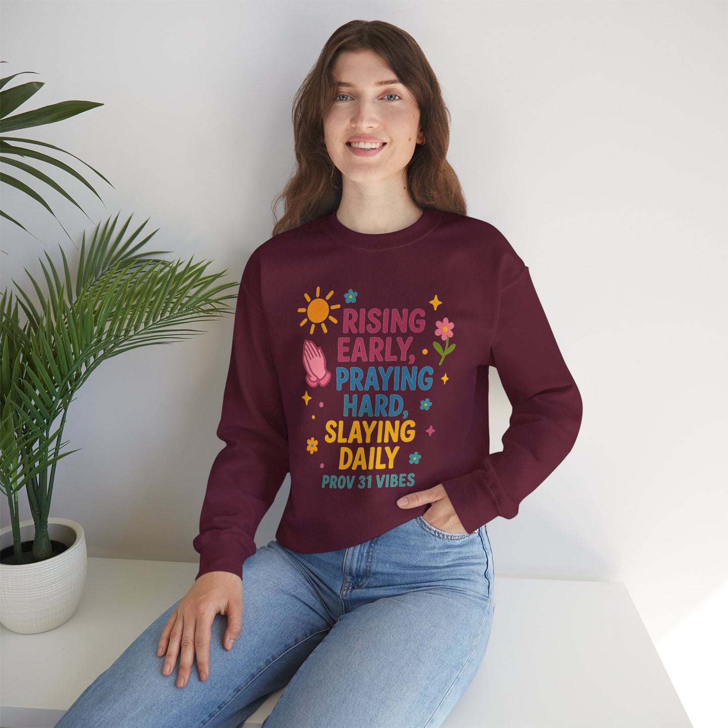 Risen & Slayin' Sweatshirt - Cozy Spiritual Gift for Her, Motivational Crewneck, Daily Inspiration Apparel, Church Outfit, Cute Casual Wear