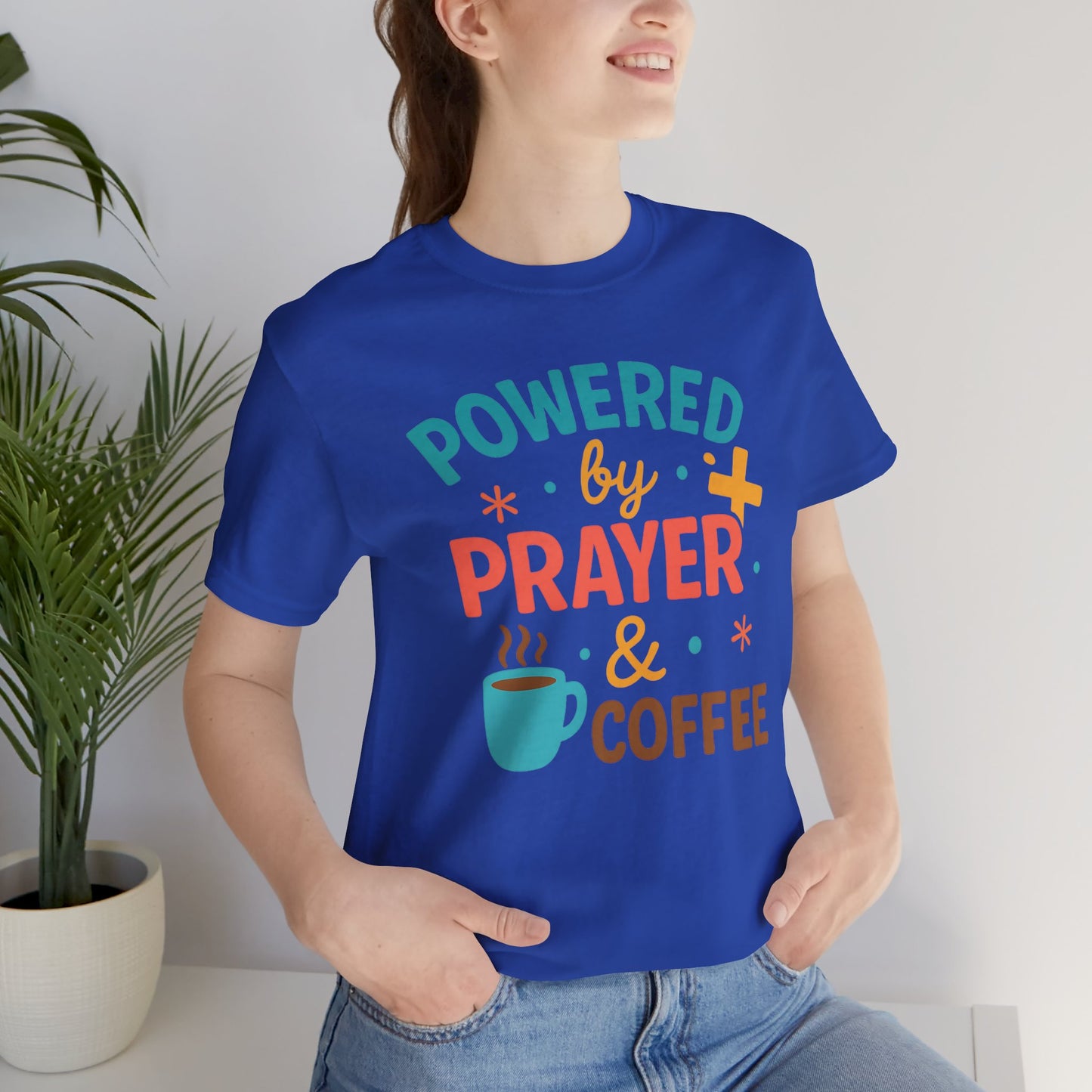 Powered by Prayer & Coffee Unisex Tee, Inspirational T-Shirt, Gift for Coffee Lovers, Christian Apparel, Relaxed Fit Top