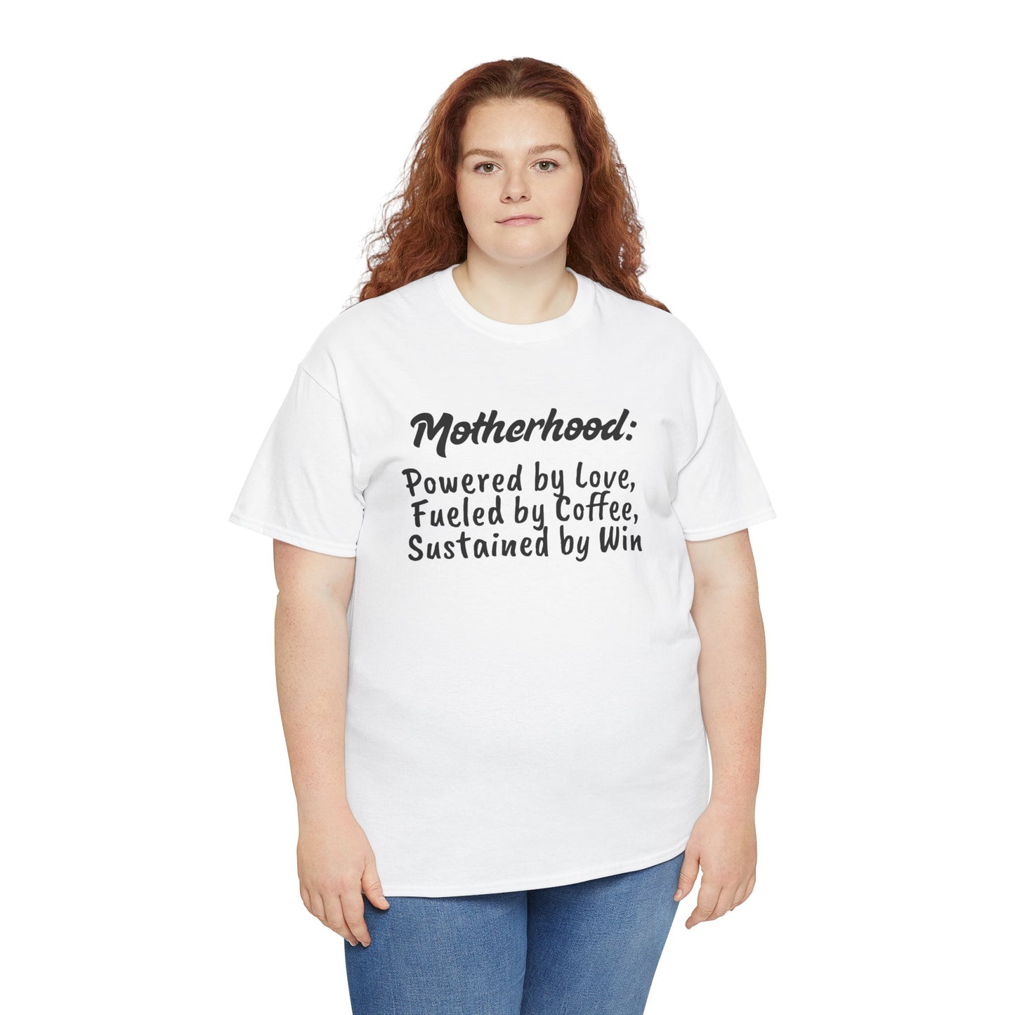 Motherhood Motivation Tee - Powered by Love, Fueled by Coffee, Sustained by Win