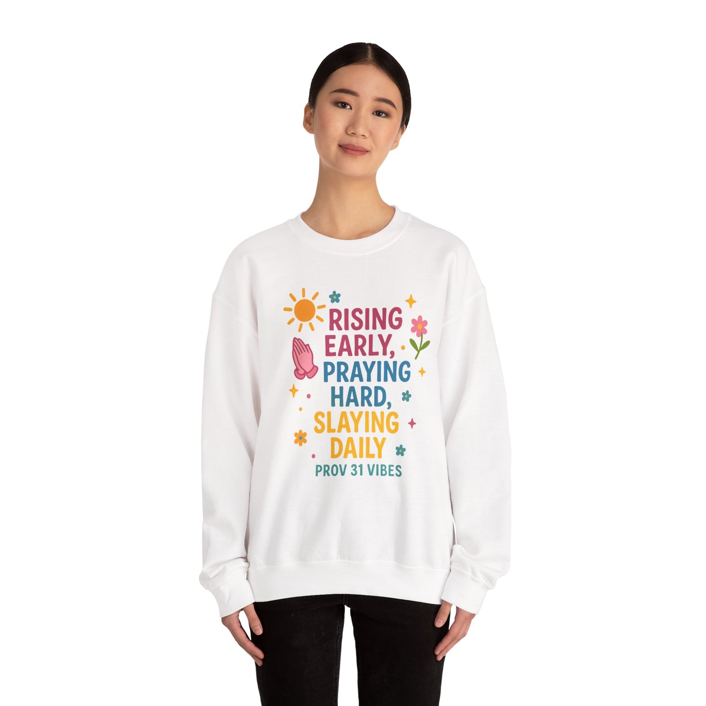 Risen & Slayin' Sweatshirt - Cozy Spiritual Gift for Her, Motivational Crewneck, Daily Inspiration Apparel, Church Outfit, Cute Casual Wear