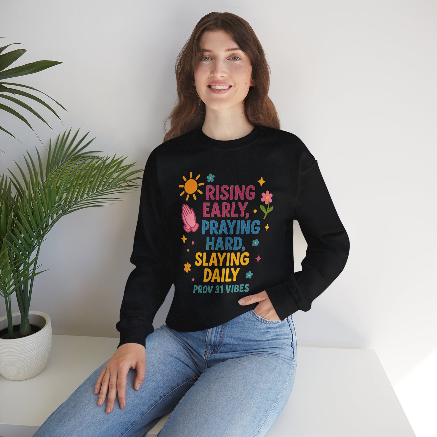 Risen & Slayin' Sweatshirt - Cozy Spiritual Gift for Her, Motivational Crewneck, Daily Inspiration Apparel, Church Outfit, Cute Casual Wear